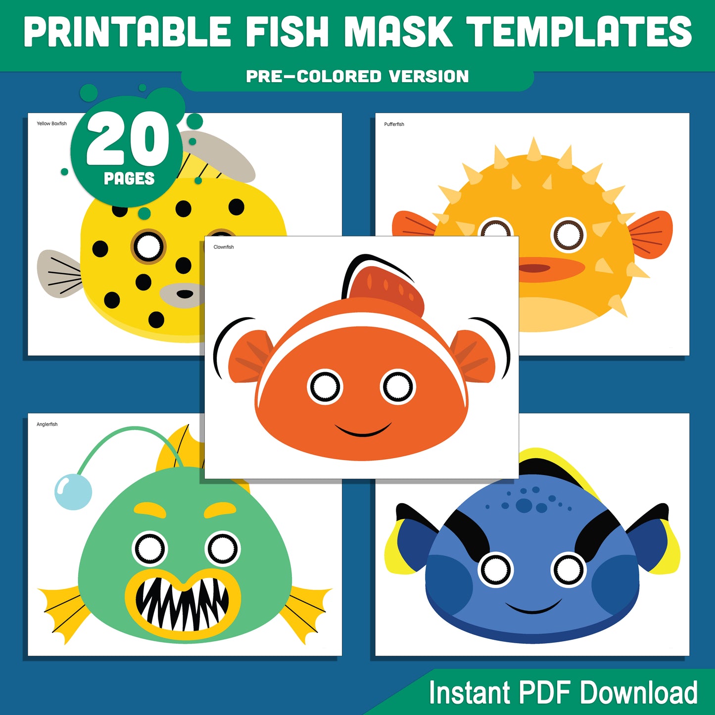 DIY Fish Mask Templates – Fun Printable Coloring Masks for Kids' Parties, Costumes & Activities, Pre-Colored & Black-and-White PDF for Instant Use