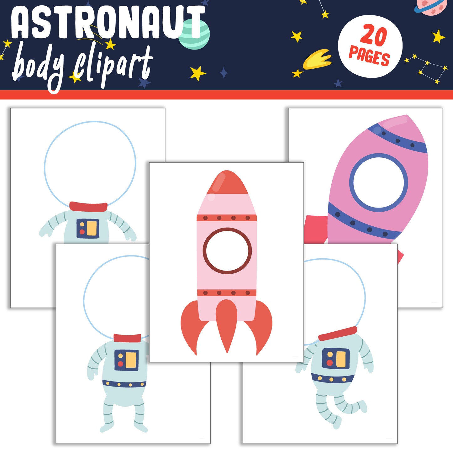 Personalize Your Space Adventure: Astronaut Body Clipart Set with Face Insert, 20 Pages, PDF, Instant Download for Kids (PreK to 6th Grade)