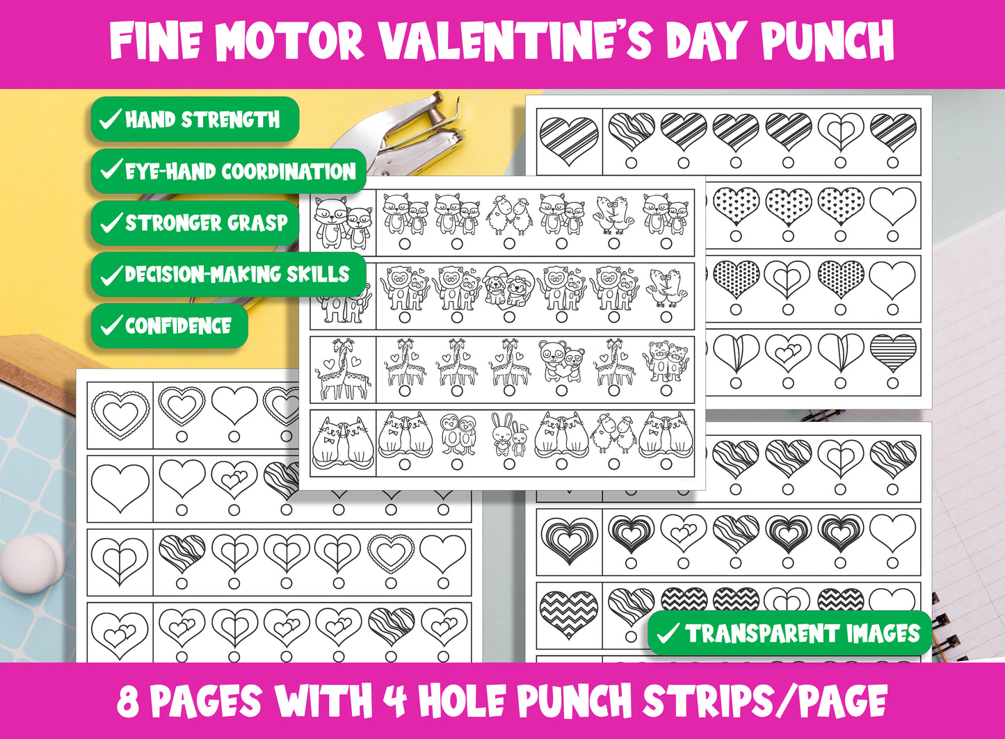 Fine Motor Valentine’s Day Punch, February Hole Punch Activities for Task Boxes & Tubs, 8 Pages, 4 Strips/Page, PDF File, Instant Download.