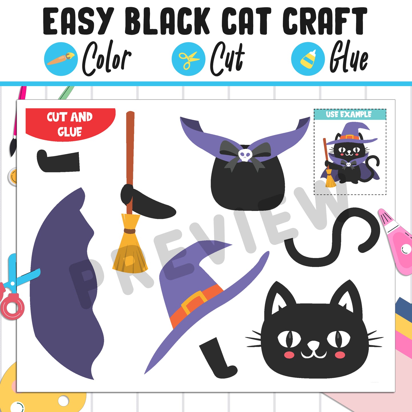 Easy Black Cat Craft for Kids: Color, Cut, and Glue, a Fun Activity for Pre K to 2nd Grade, PDF Instant Download