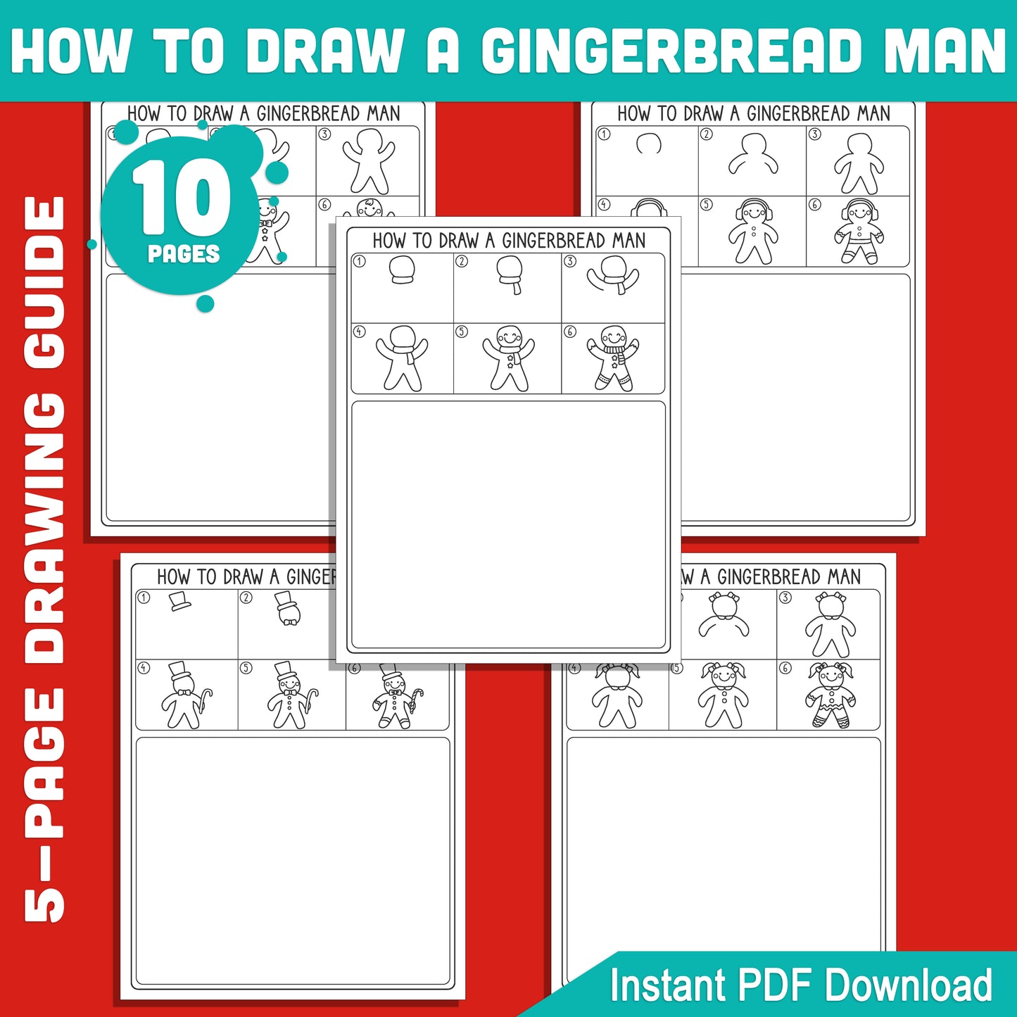 Learn to Draw a Gingerbread Man for Kids: 5-Page Step-by-Step Drawing Tutorial with 5 Festive Coloring Pages, Christmas Art Activity, Printable PDF Download