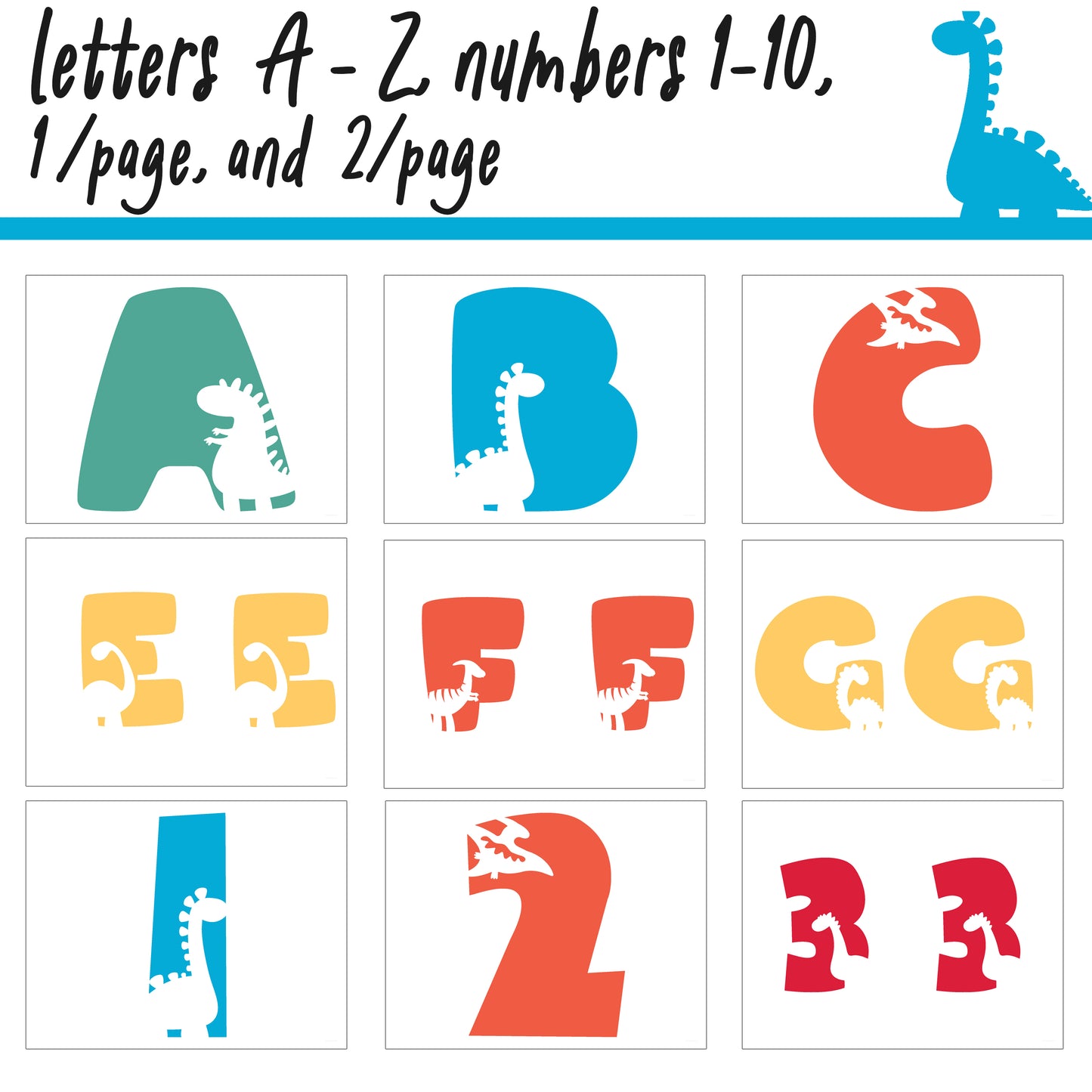Dinosaur Bulletin Board Letters | A - Z, Letters and Numbers,1 and 2 Per Page, Colorful Classroom Decor