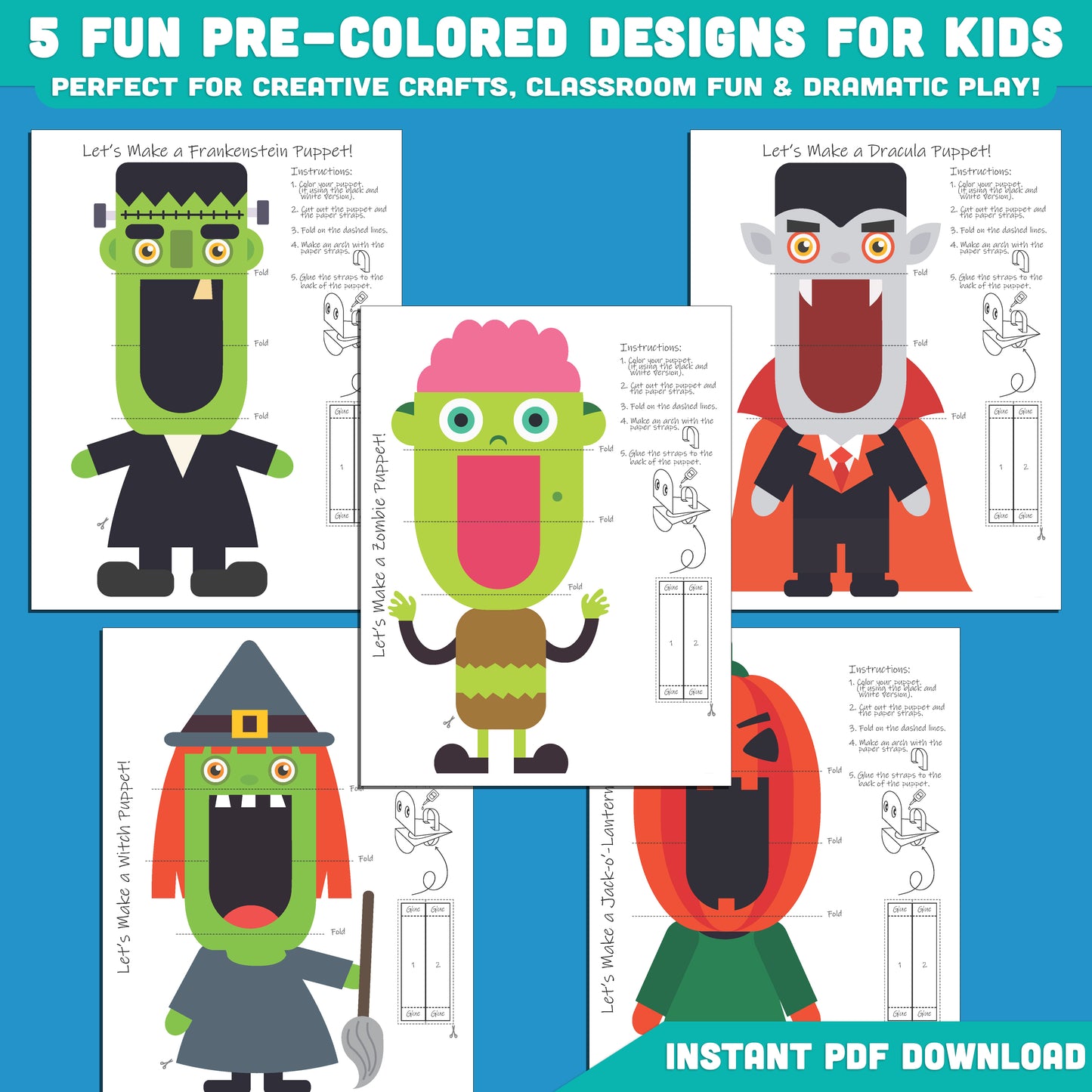 Printable Halloween Puppets: 10 Pages with 5 Pre-Colored + 5 Black and White Designs, Perfect for Spooky Classroom Fun & Halloween Party Crafts!