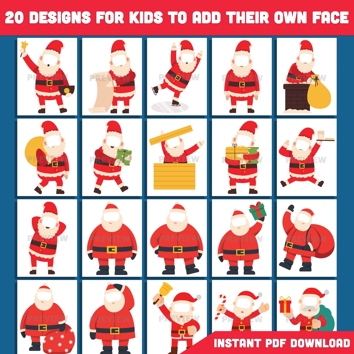 Printable Santa Claus Body Templates for Kids, 20 Fun Holiday Designs, Christmas “Add Your Face” Craft for Classroom & Home, PDF + PNG Files