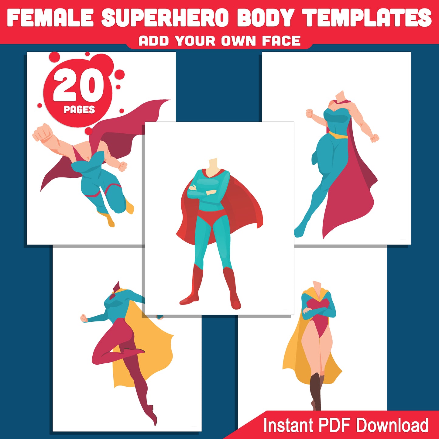 Printable Female Superhero Body Cutouts with Add Your Own Face Feature, Great for Classroom or Home Craft Projects – PDF Download