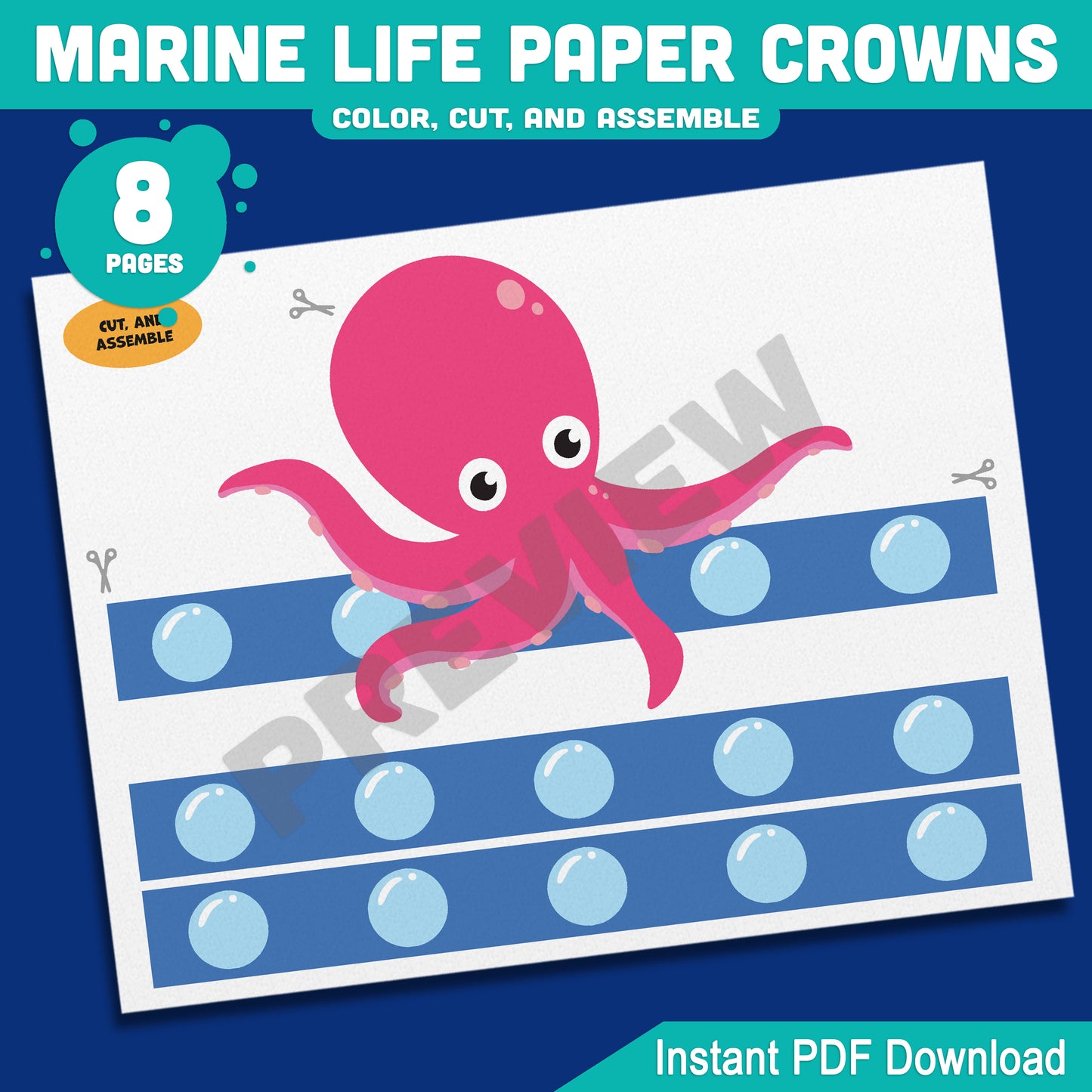 Marine Life Paper Crowns β Printable 8-Page Set with Pre-Colored + Black & White Sea Creatures, Great for Crafts and Pretend Play Activities