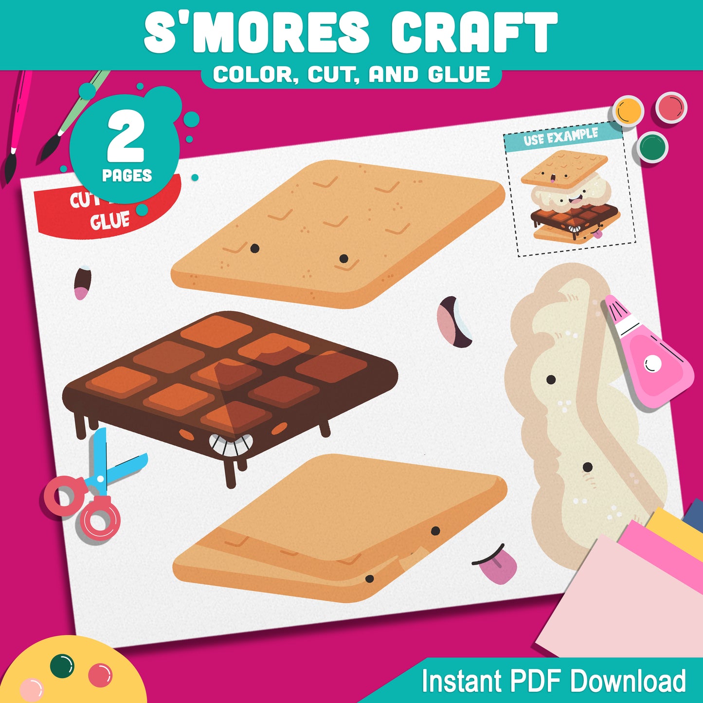 Color Cut and Glue S'mores Craft Printable, Fun Summer Camping Party Activity for Kids, 2 Pages of Creative Fun, Instant PDF Download