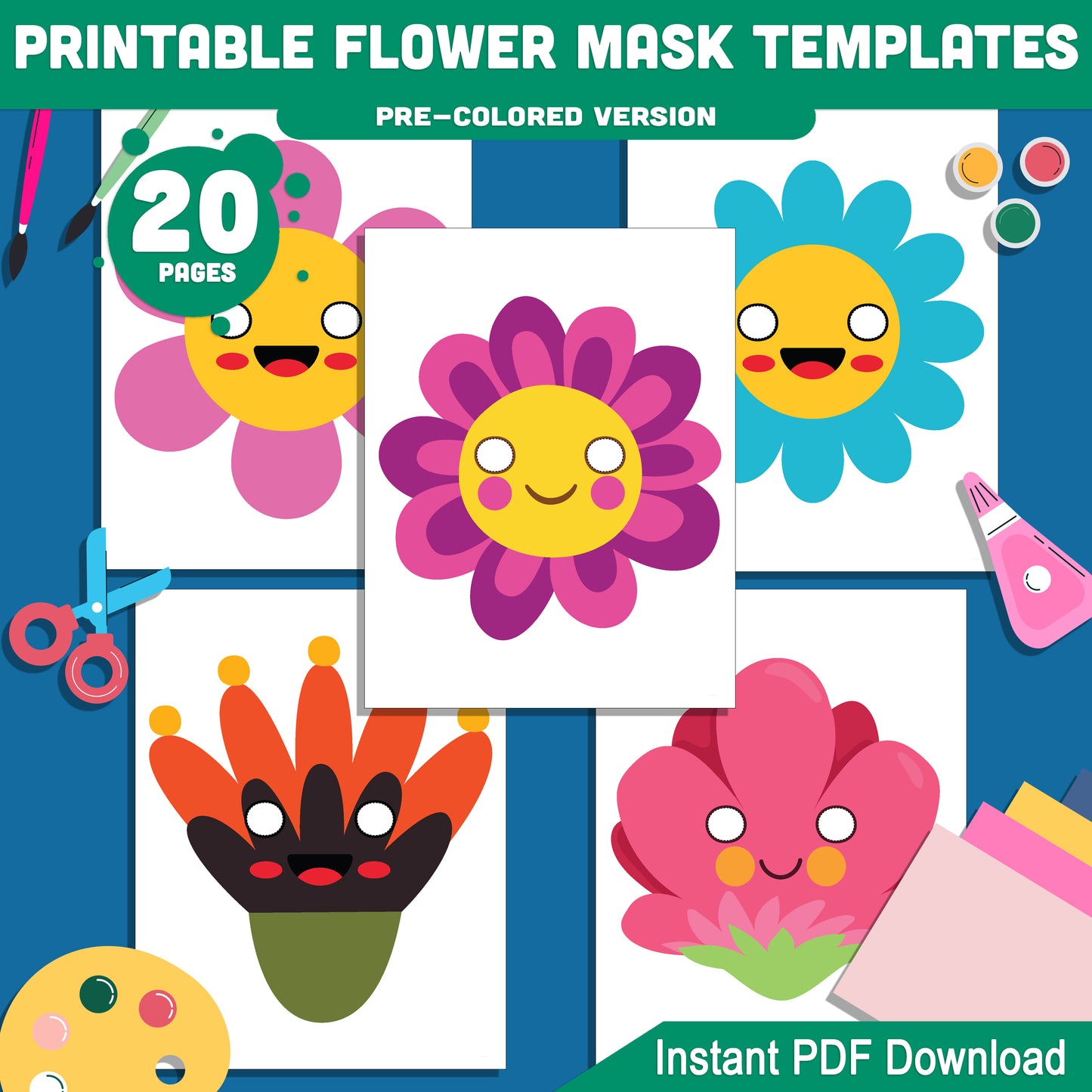 Flower Mask Printable Set: 20 Pages of DIY Spring Crafts for Kids, Pre-Colored + Black & White, Great for Costumes, Pretend Play, and Celebrations