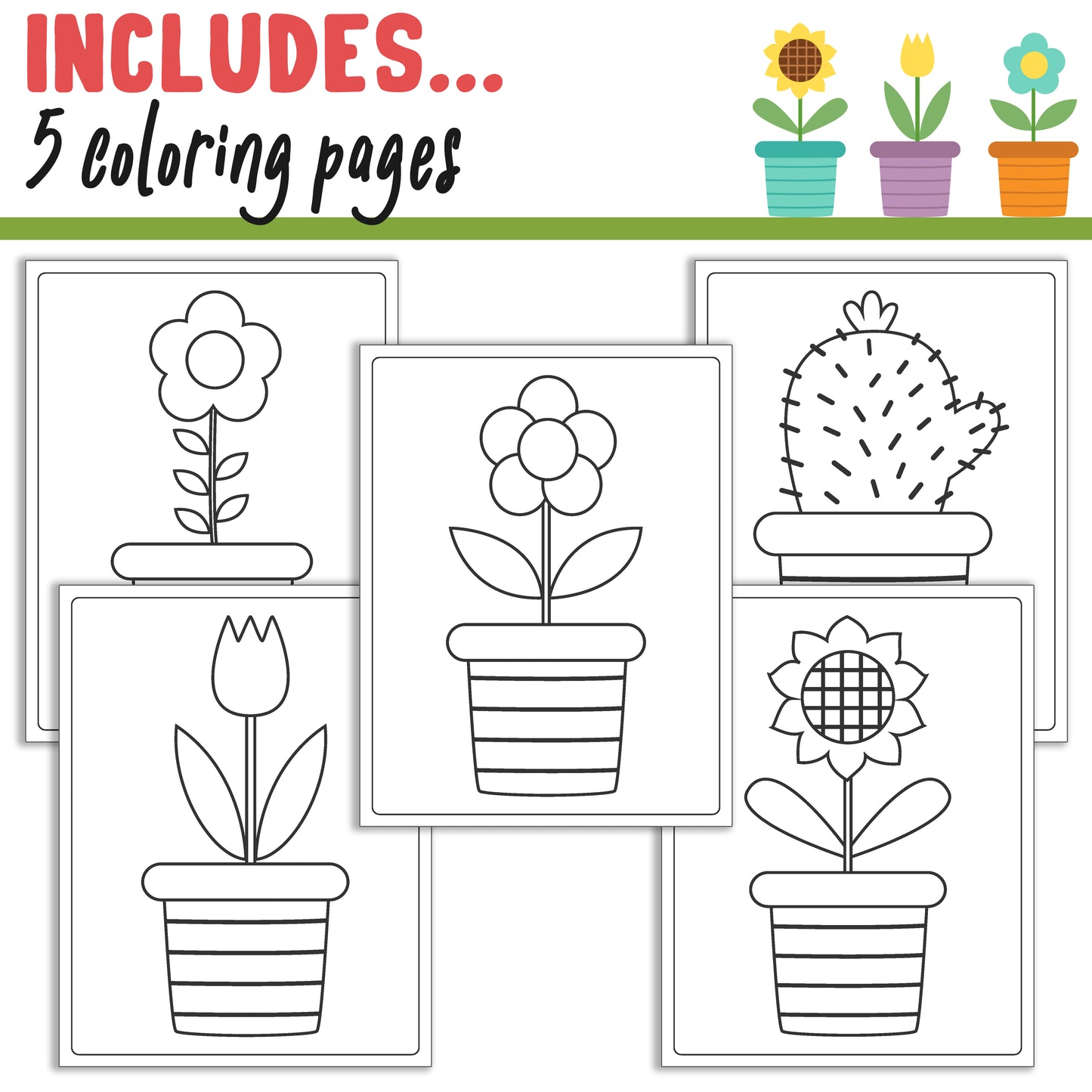 How To Draw a Cute Flower & Cactus in Pot, Directed Drawing Step by Step Tutorial, Includes 5 Coloring Pages, PDF File, Instant Download