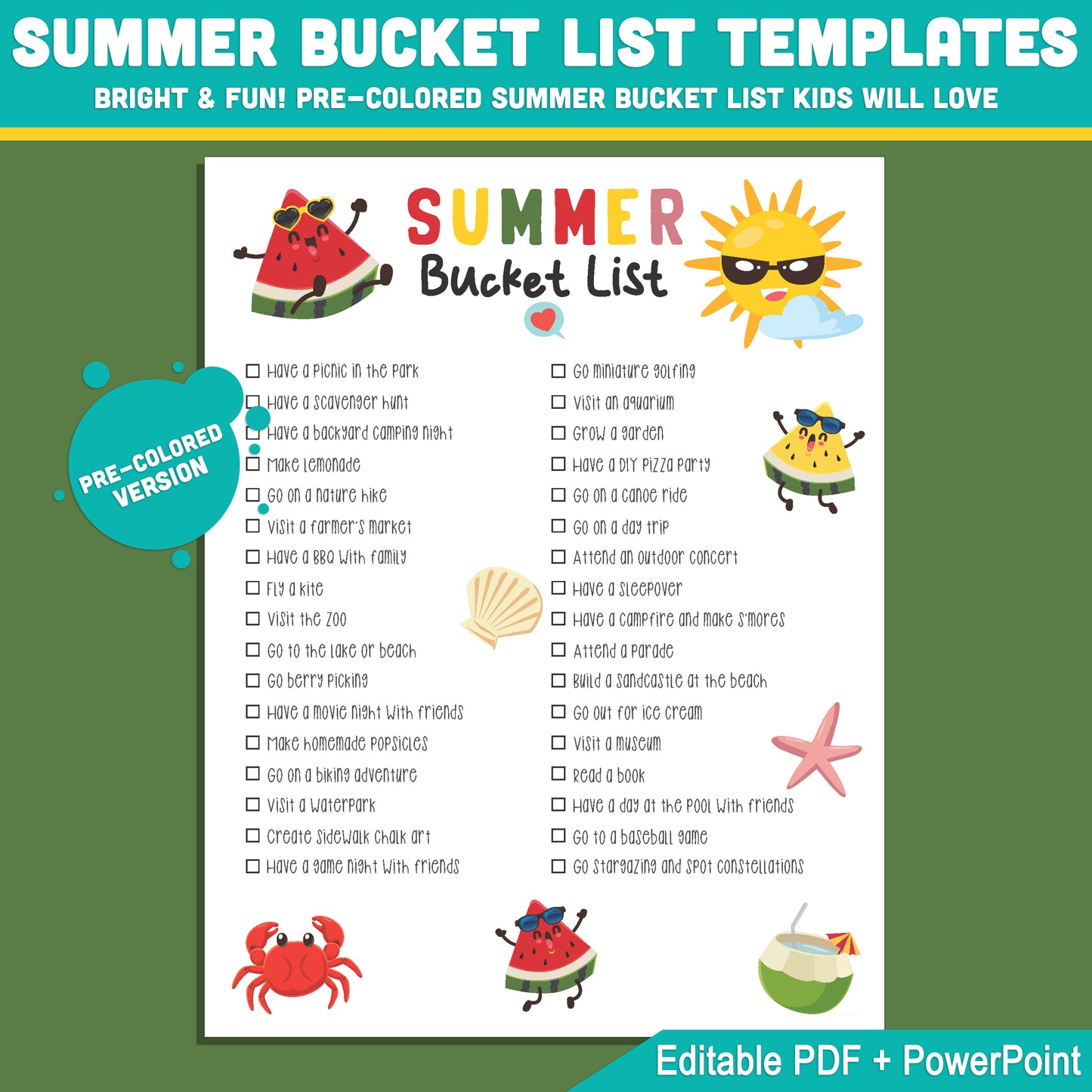 Student Summer Bucket List Template: Fun End-of-Year Classroom Activity, Editable PDF & PowerPoint, Black & White & Color Pages