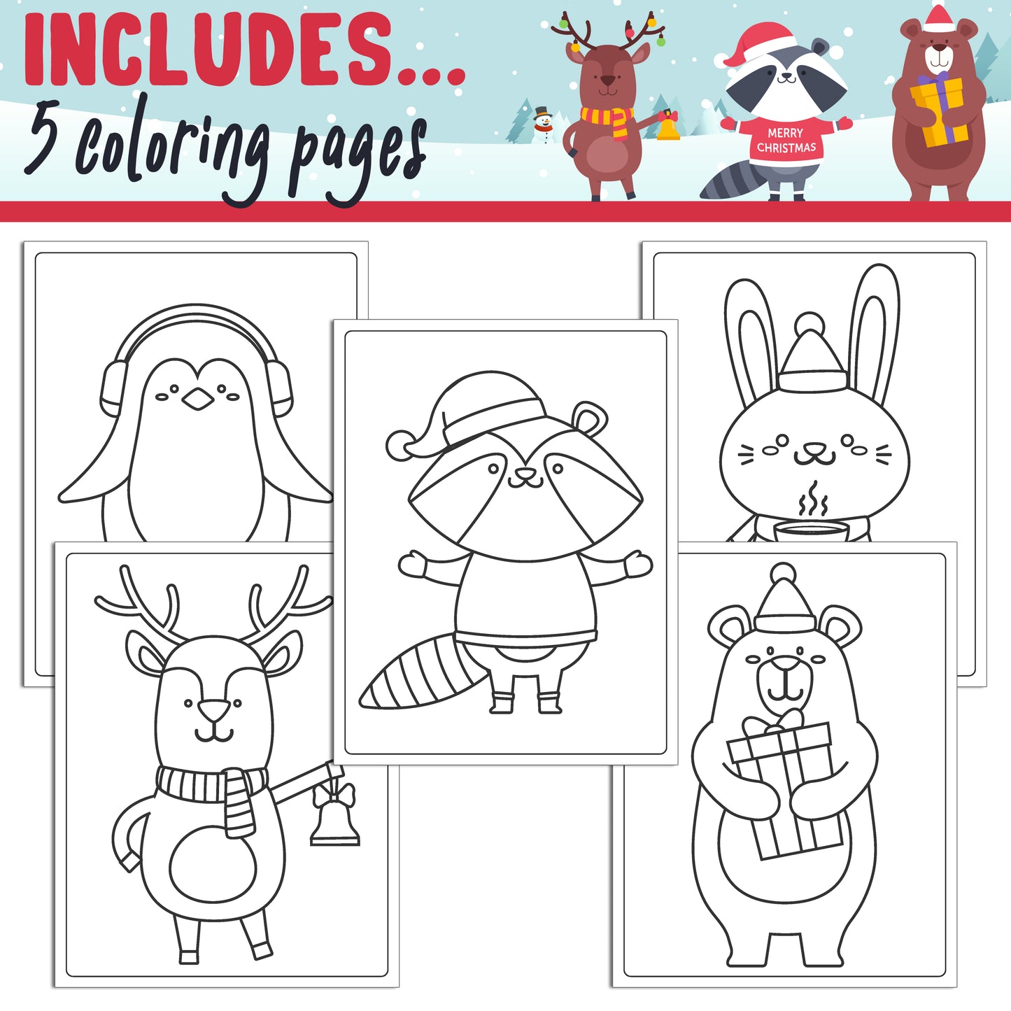 Learn How to Draw a Christmas Animal: Directed Drawing Step by Step Tutorial, Includes 5 Coloring Pages, PDF File, Instant Download.