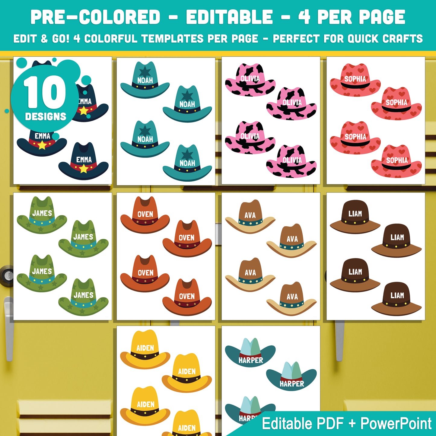 Cowboy & Cowgirl Hats Themed Cubby and Locker Name Tags – Editable, 40 Pages, PDF + PowerPoint, Back to School Printable
