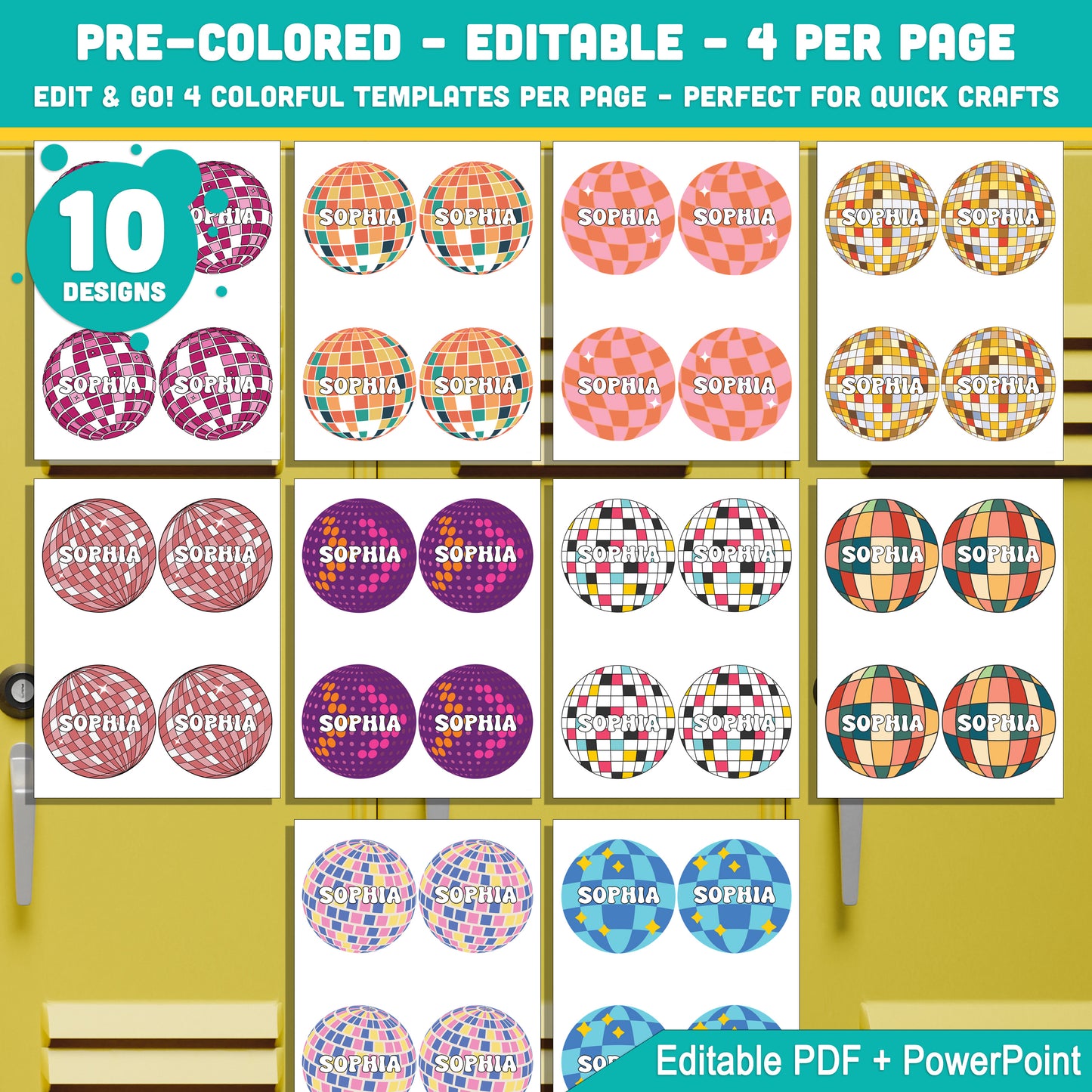 Editable Locker Labels (Cubby Name Tags), Retro Groovy Disco Ball Themed, 40 Pages, 10 Editable Designs, PDF + PowerPoint, Instant Download