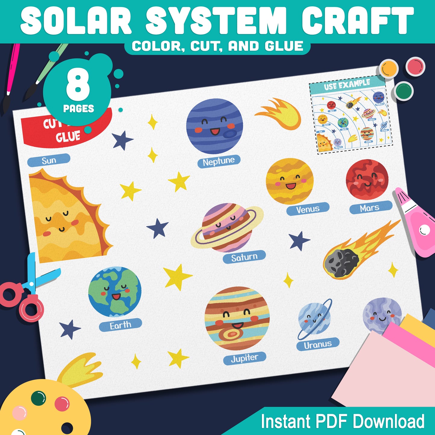 Solar System Printable Craft: 8 Pages of Cut, Color & Learn Fun, Includes Planet Name Writing Worksheets, Pre-Colored & Black & White, PDF Download
