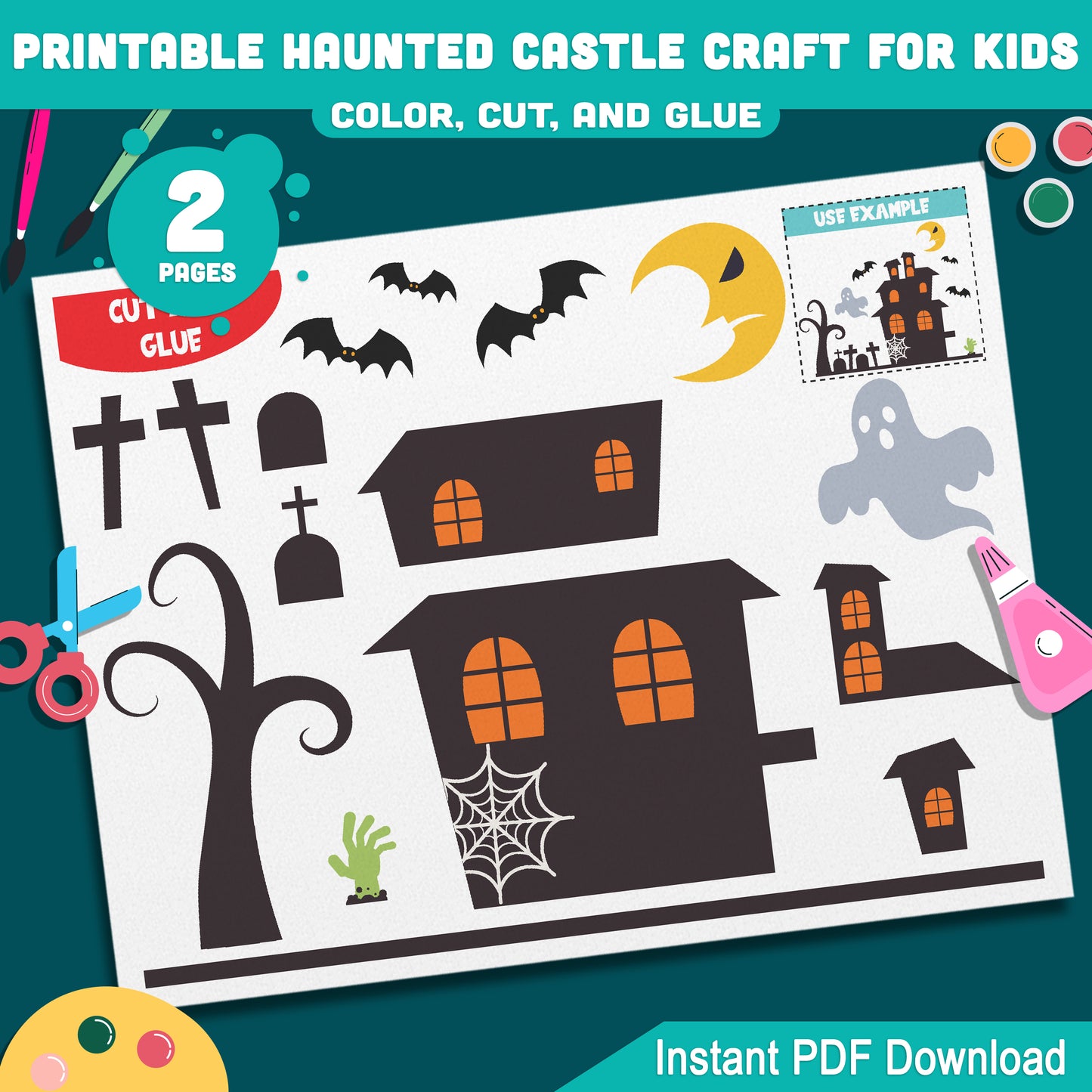 Printable Haunted Castle Paper Craft for Kids, October Halloween Classroom Activity, Easy Cut and Glue Craft for Preschool, Pre-K, Kindergarten