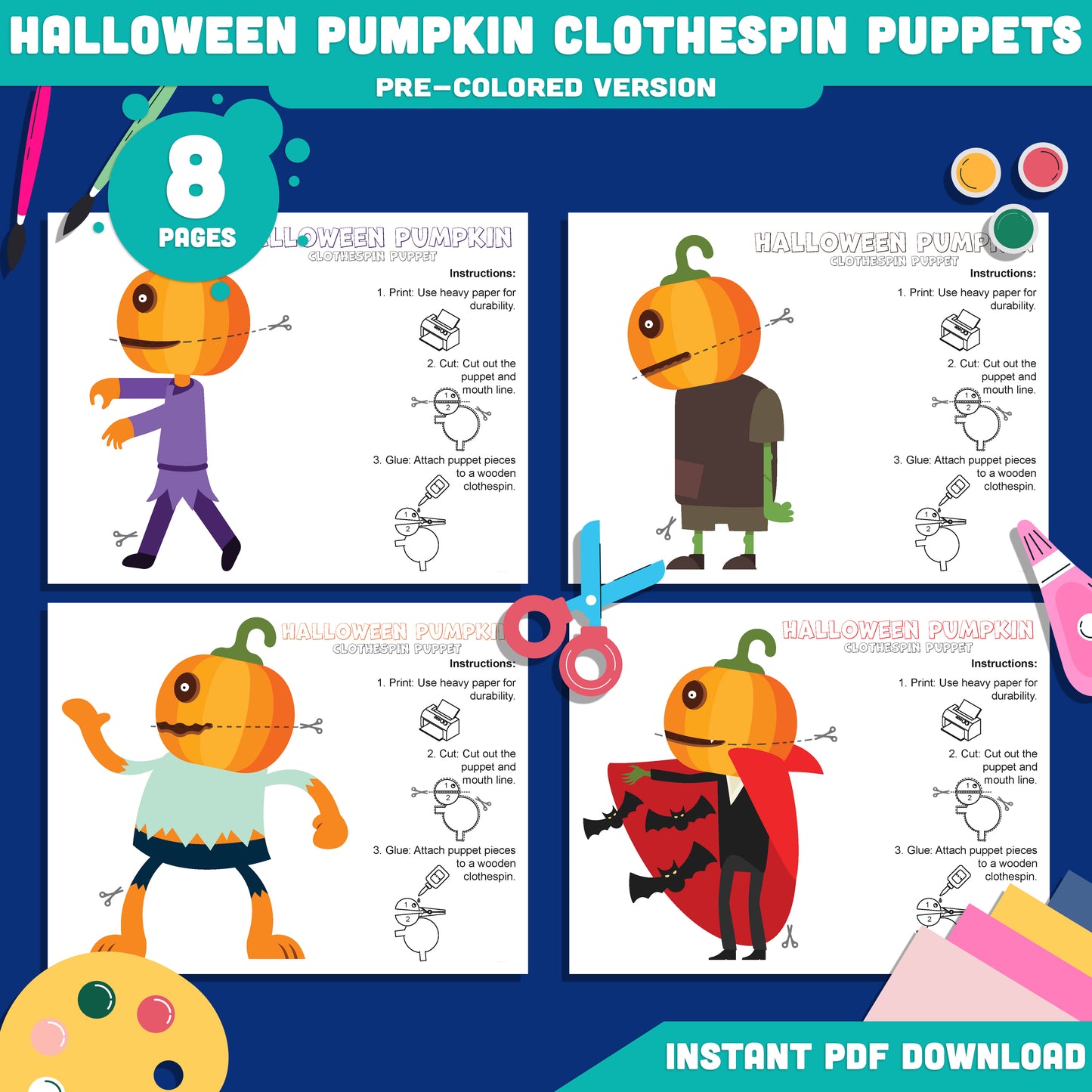 Halloween Pumpkin Clothespin Puppets: 8-Page Kids Printable Craft with 4 Designs, Pre-Colored and Black and White Options, Instant PDF Download