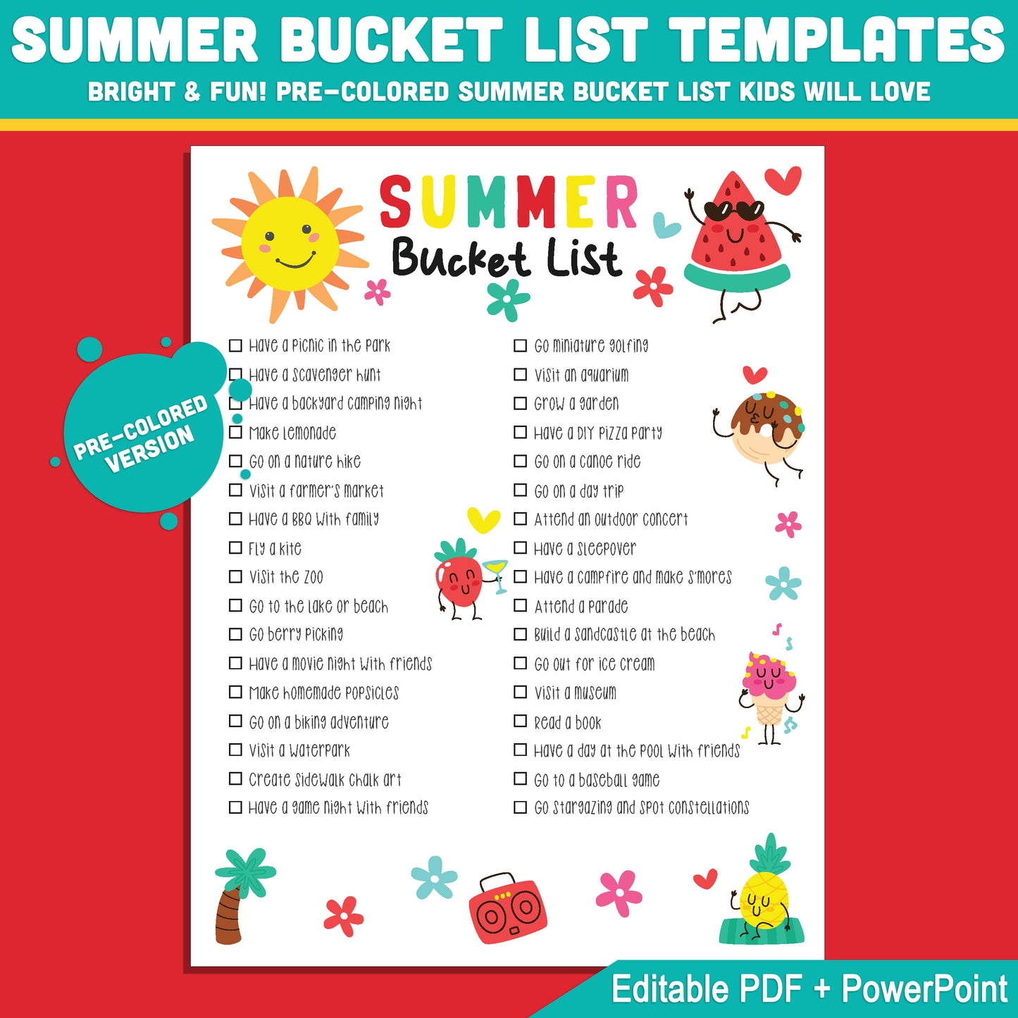 Summer Adventure List for Kids: Printable & Editable Template in PDF and PowerPoint, Includes Pre-Colored, Black and White, and Custom Blank Pages