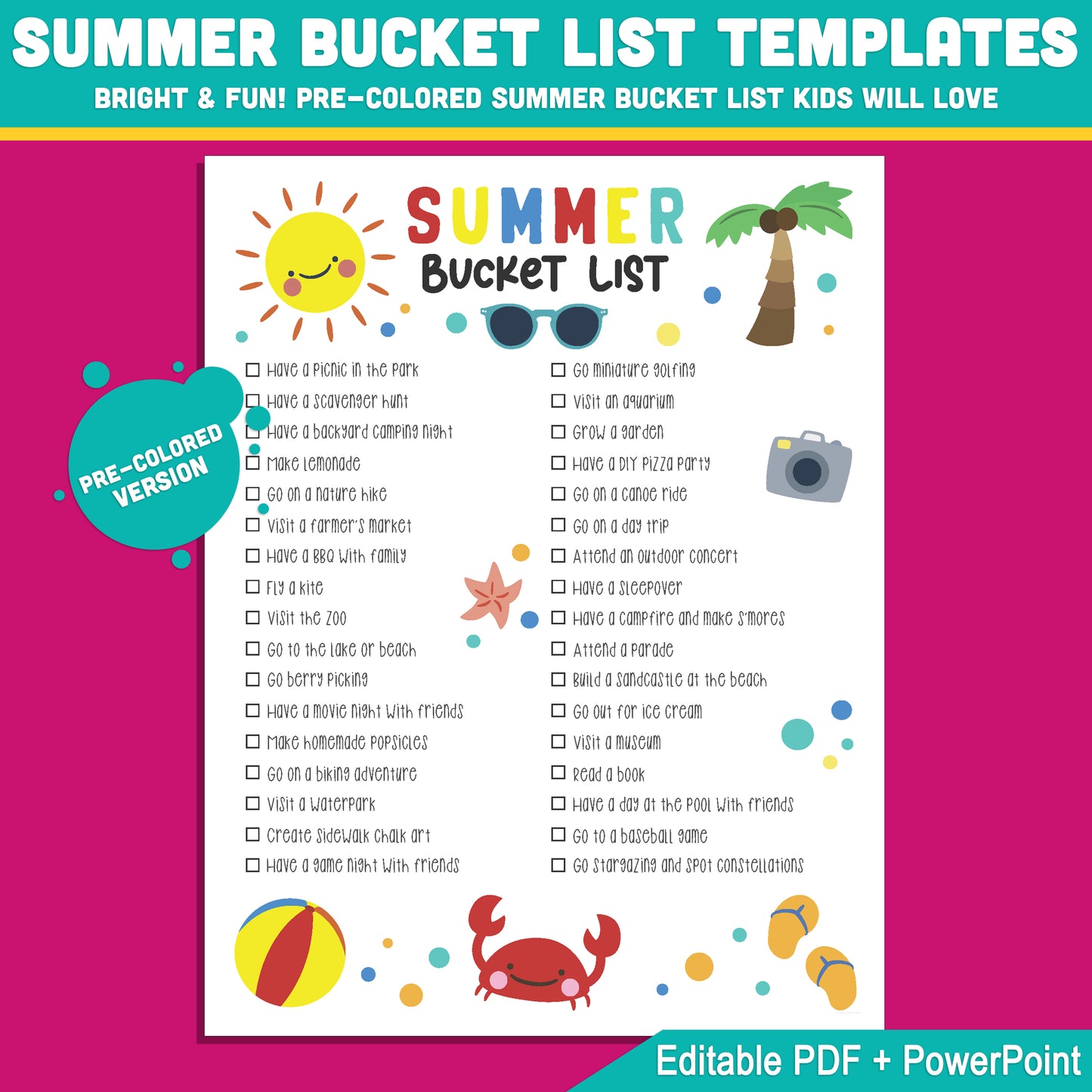 Editable Summer Bucket List Template: Fun Activity Checklist for Children with Color & Black & White Pages, PDF + PowerPoint, 8.5x11"