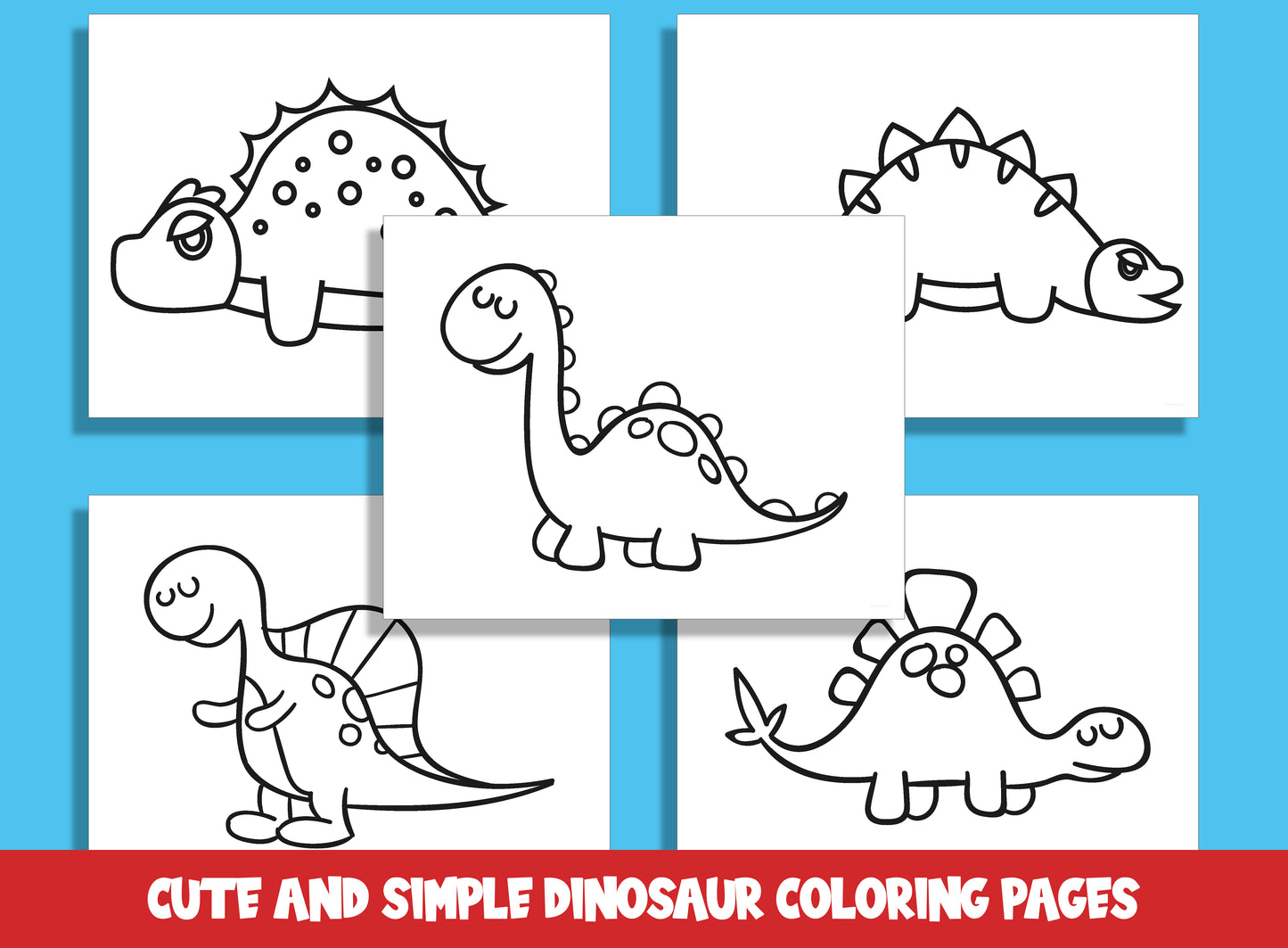 25 Cute and Simple Dinosaur Coloring Pages, Large Size, Thick Border, Perfect for Preschool & Kindergarten, PDF File, Instant Download