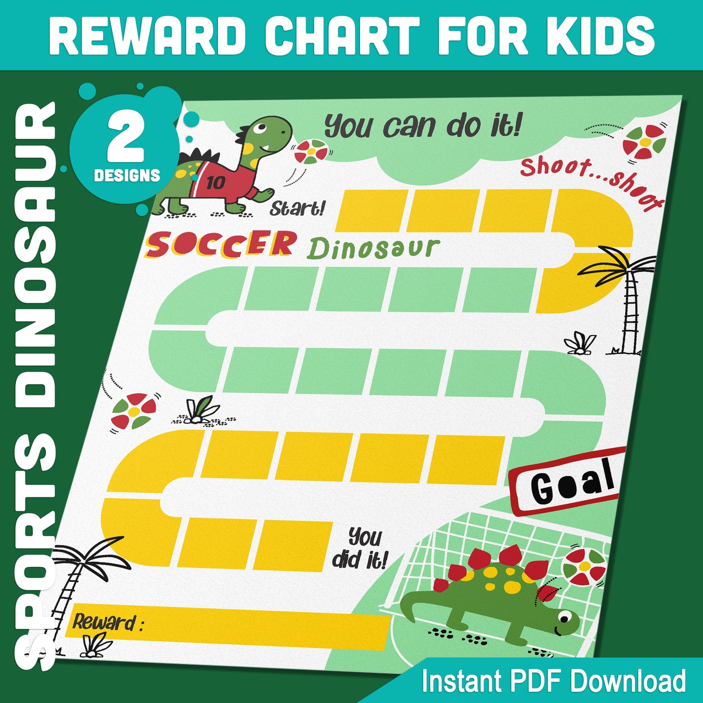 Dinosaur Sports Reward Chart: 2 Engaging Designs for Kids' Motivation & Organization, 8.5x11 Inches, PDF Instant Download