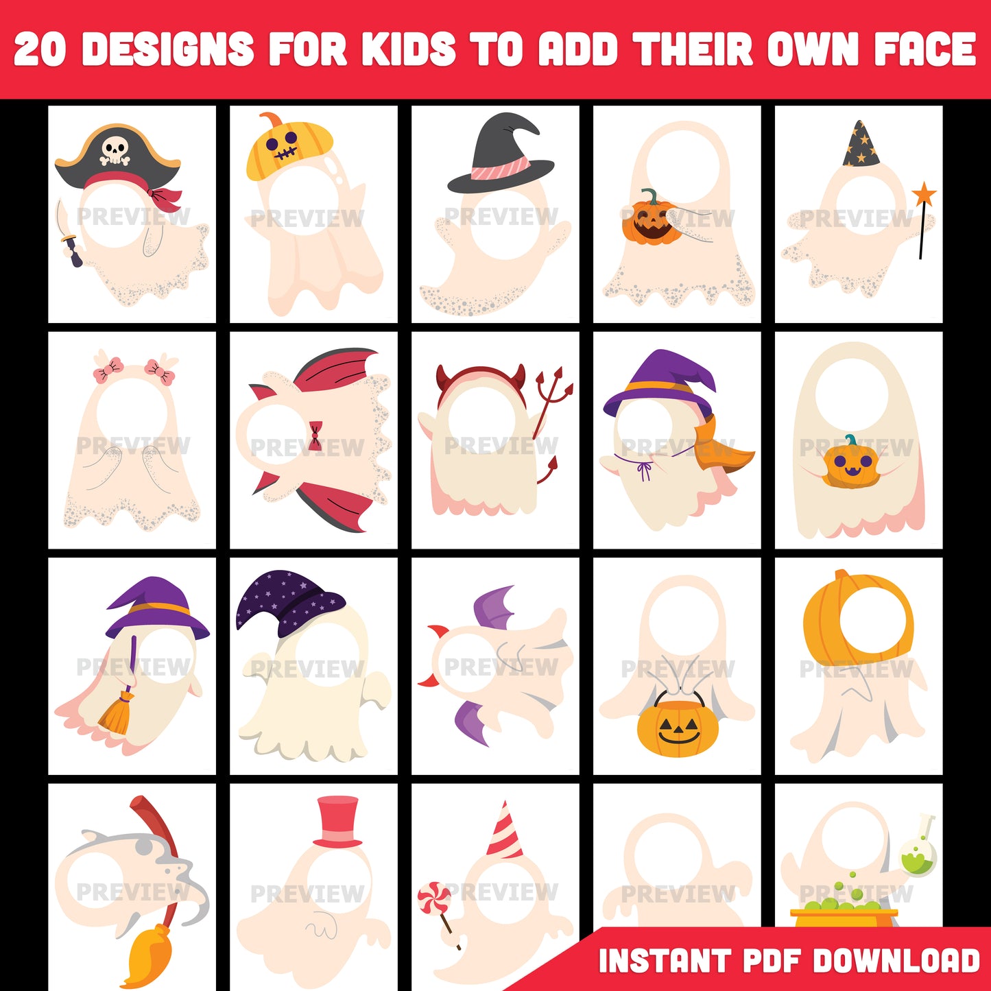 Printable Ghost Body Templates for Kids, 20 Unique Designs, 8.5x11, PNG Files Included, Cute DIY Face Craft for School Projects, Homeschool & Play