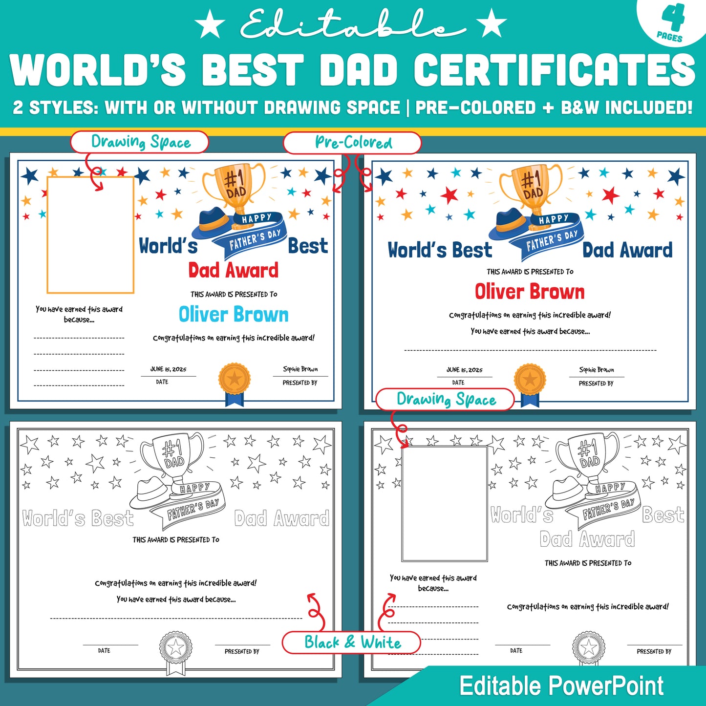 Father’s Day Awards Certificates – Editable World’s Best Dad Certificate; Fun Gift from Kids, Includes Drawing Frame, Instant Download