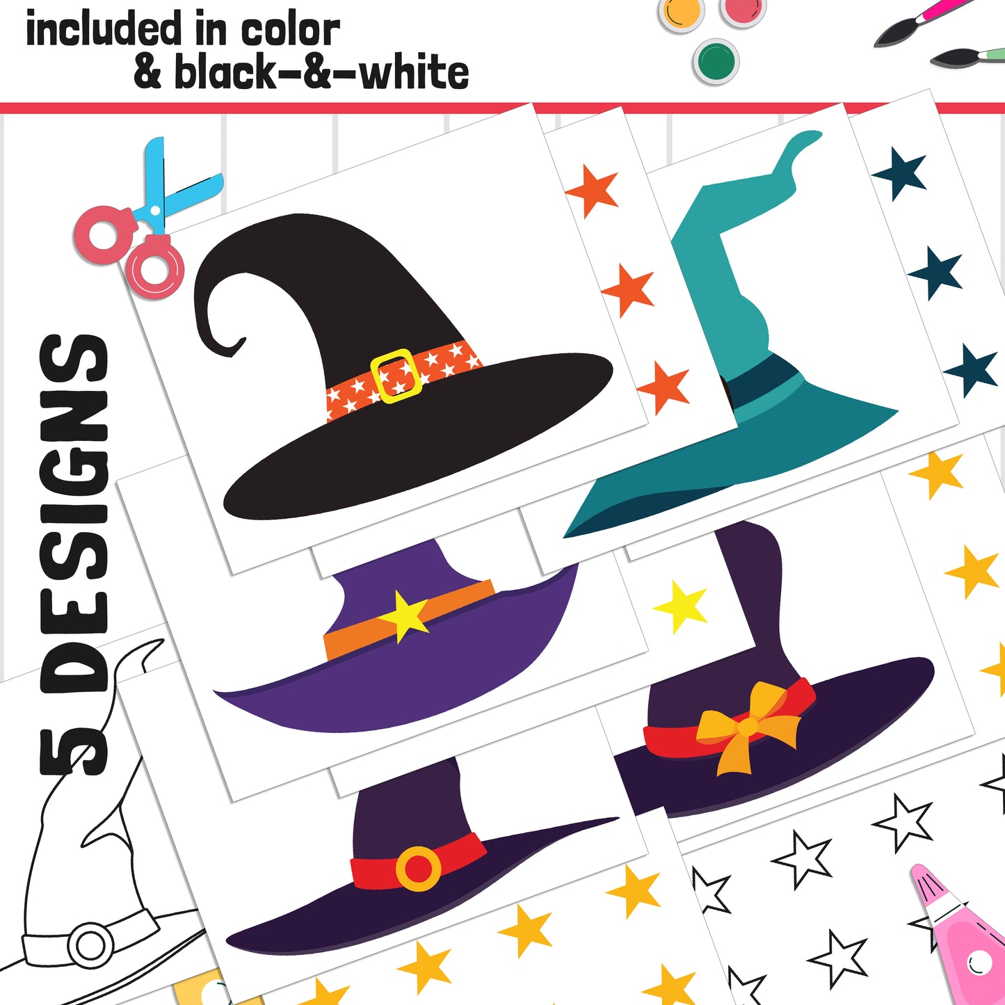 Witch Hat Name Craft Activity: Halloween, Back-to-School Bulletin Board, 40 Pages, 5 Designs, Blank & Editable, Color and Black-and-White