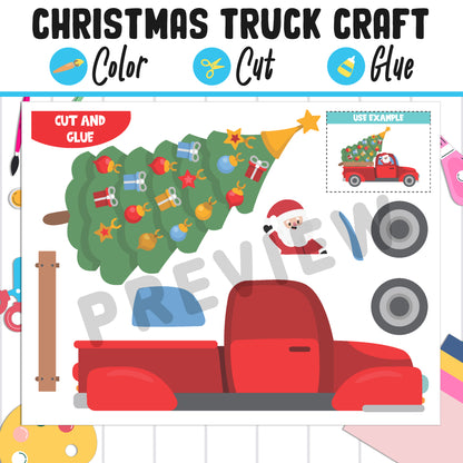 Retro Christmas Truck Craft Activity - Color, Cut, and Glue for PreK to 2nd Grade, PDF File, Instant Download