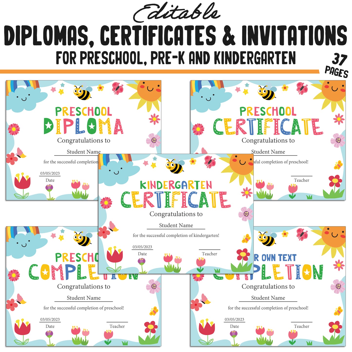 Printable Pre-K, Kindergarten, and Preschool Diplomas, Certificates, and Invitation Templates, Colorful Spring-Themed, PDF Instant Download.