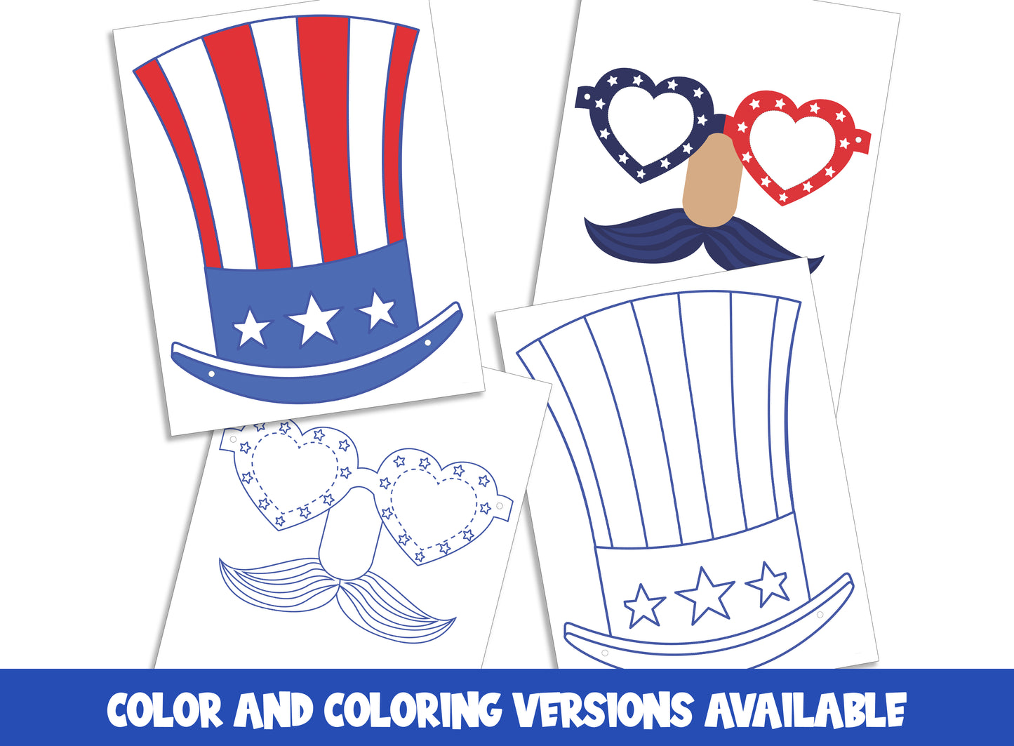 Glasses Mustache and Hat, 4th of July, Independence Day Craft Activity for Kids, Available in Color and Coloring Versions, Instant Download
