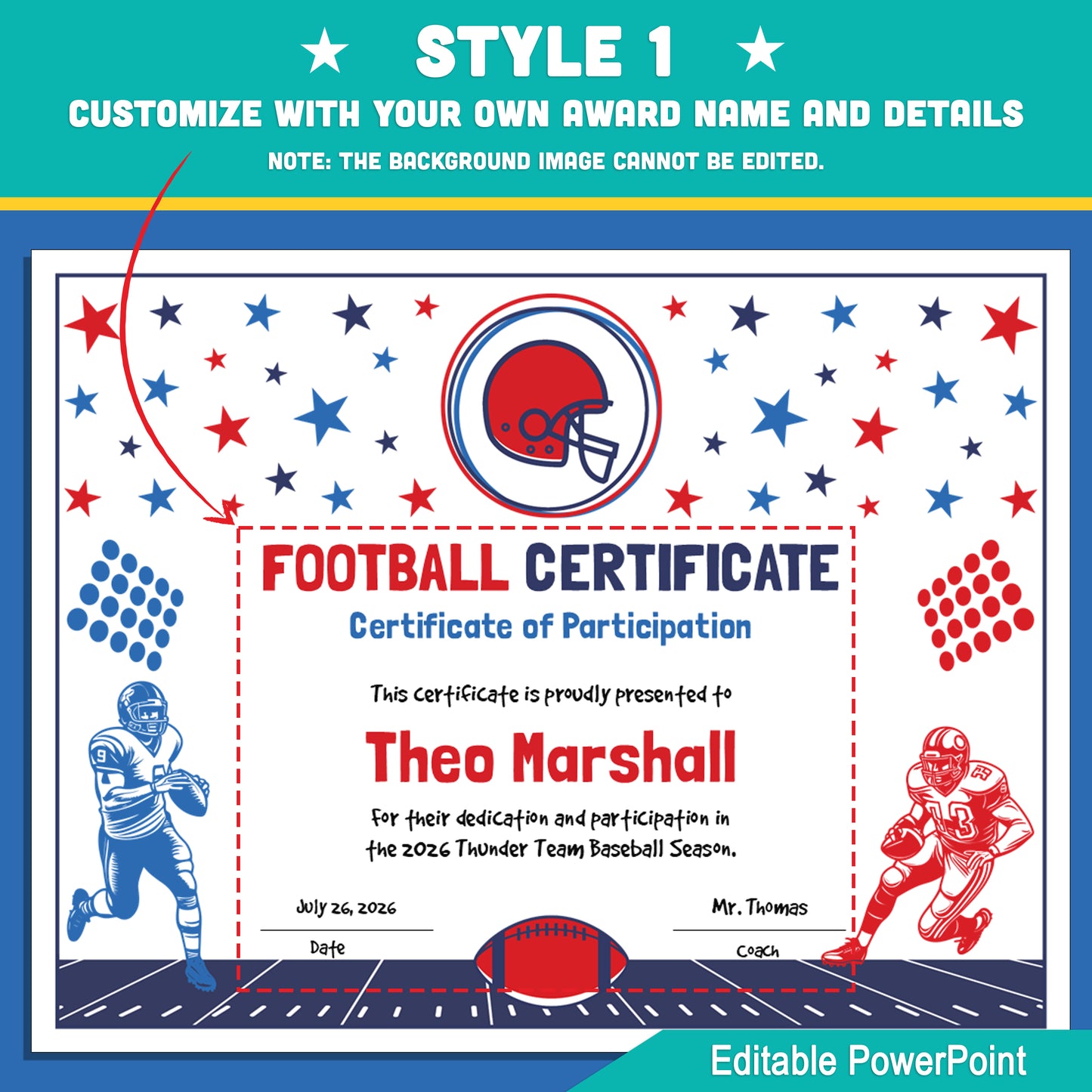 Editable Football Certificates | 4 Styles with Photo Options | Youth Team Awards, Player Recognition - 8.5x11 PowerPoint Instant Download