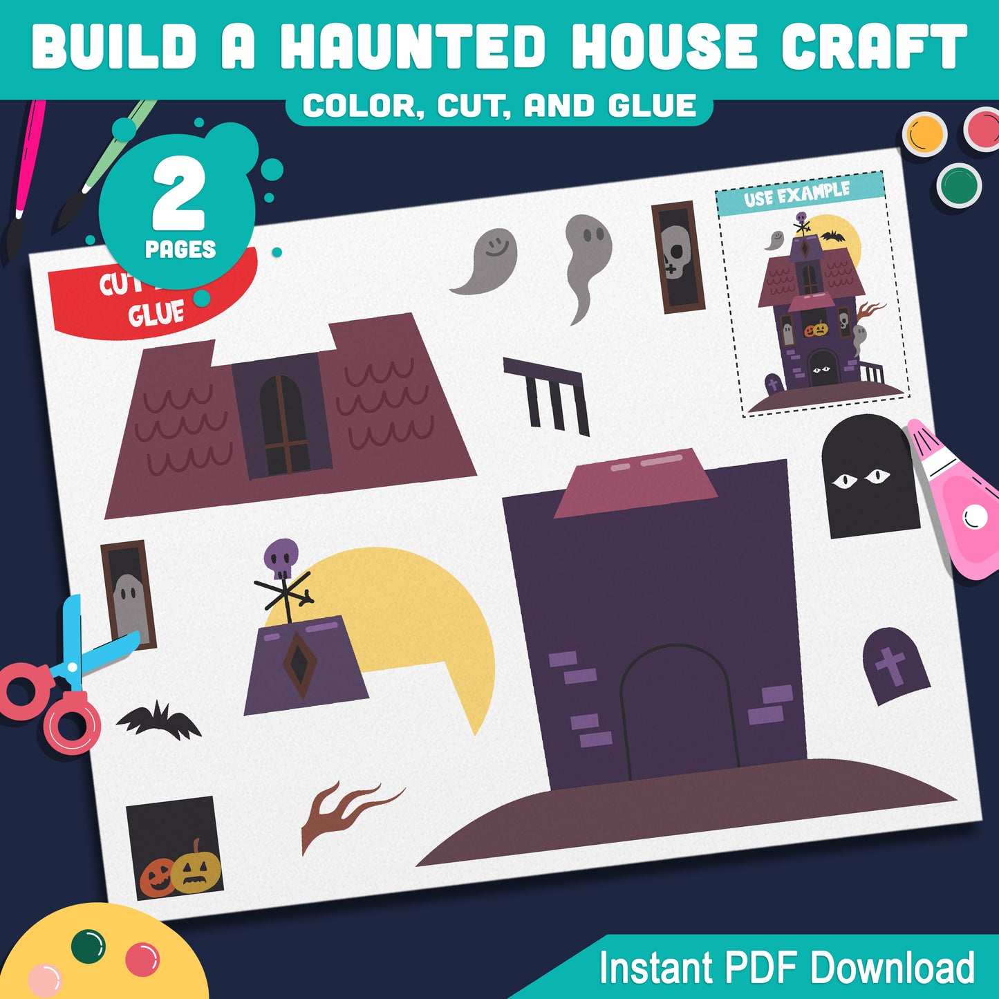 Halloween Build a Haunted House Craft, Printable Color, Cut and Glue Activity for Kids, Perfect for Fall Bulletin Boards, Pre-Colored + Black & White