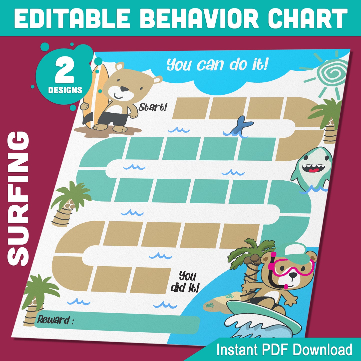 Fun and Editable Animal Surfing Behavior Charts – 2 Designs, 8.5x11 Inches, Instant PDF Download for Kids’ Motivation & Organization