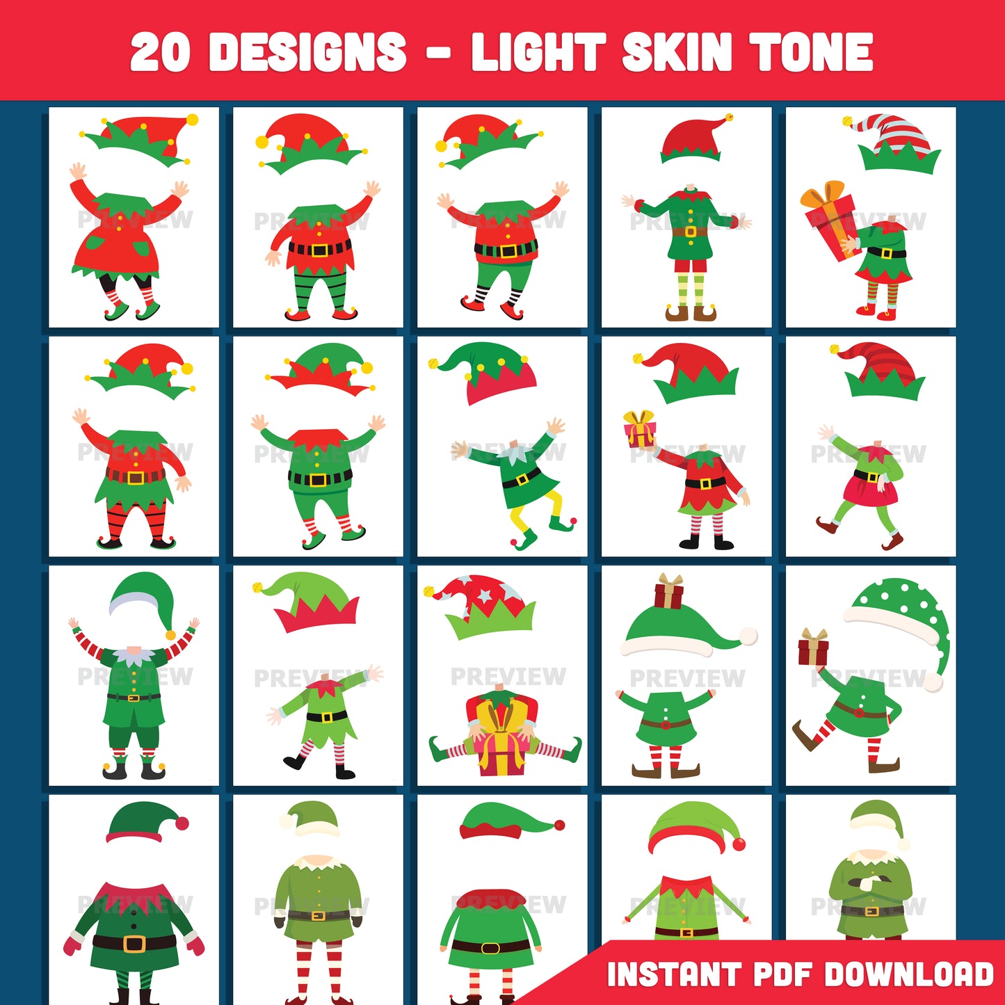 Printable Christmas Elf Body Templates for Kids, 20 Fun Designs (Light + Dark Skin Tone), Add Your Own Face Winter Craft, 8.5x11”, High-Res PDF Download