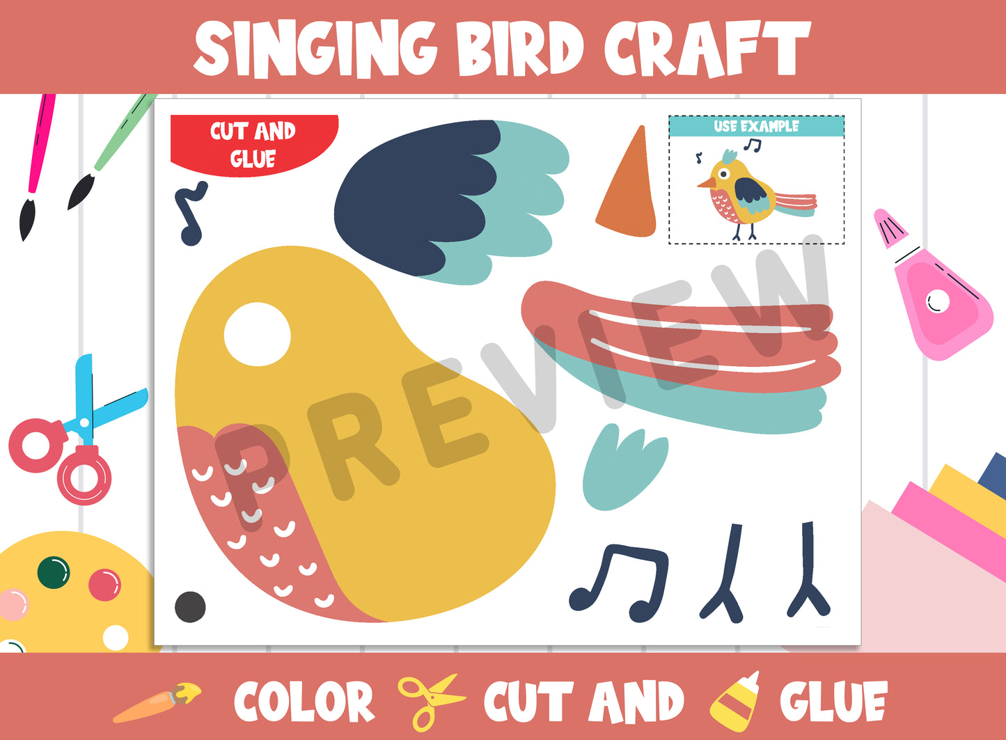 Singing Bird - Spring Craft Activity : Color, Cut, and Glue for PreK to 2nd Grade, PDF File, Instant Download