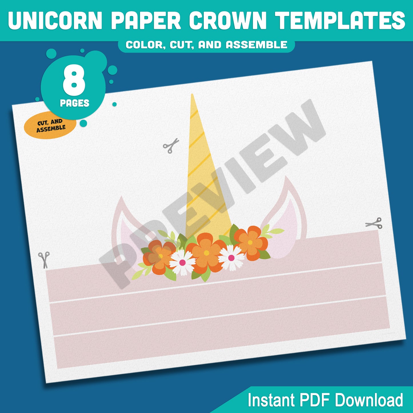 Unicorn Paper Crown Templates, Printable Headband Hat for Kids, 8 Pages, 4 Designs in Pre-Colored and Black & White, Instant PDF Download.