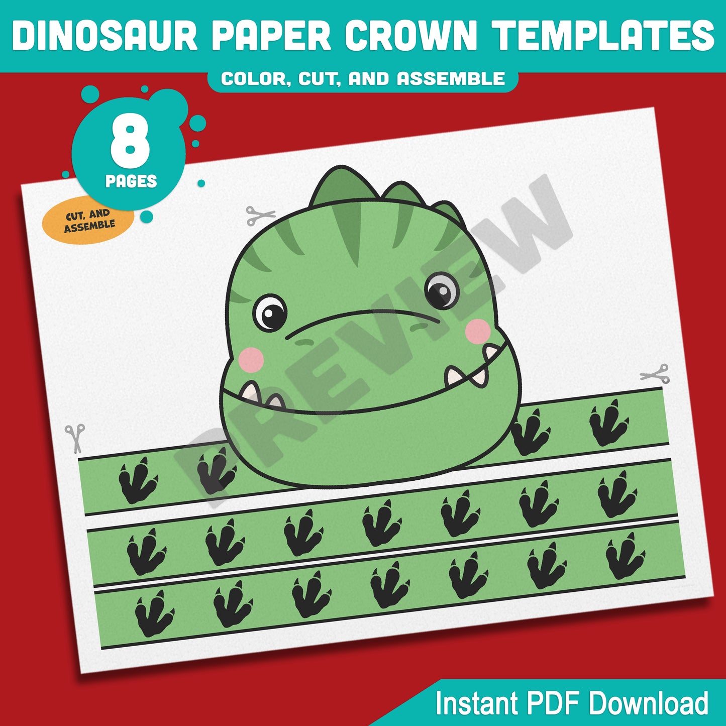 Dinosaur Paper Crowns for Kids – 4 Printable Hat and Headband Designs in Color and Black & White, 8-Page Craft Download, PDF Format