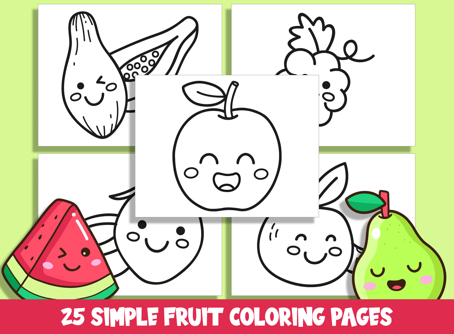 25 Cute and Simple Fruit Coloring Pages, Large Size, Thick Border, Perfect for Preschool & Kindergarten, PDF File, Instant Download