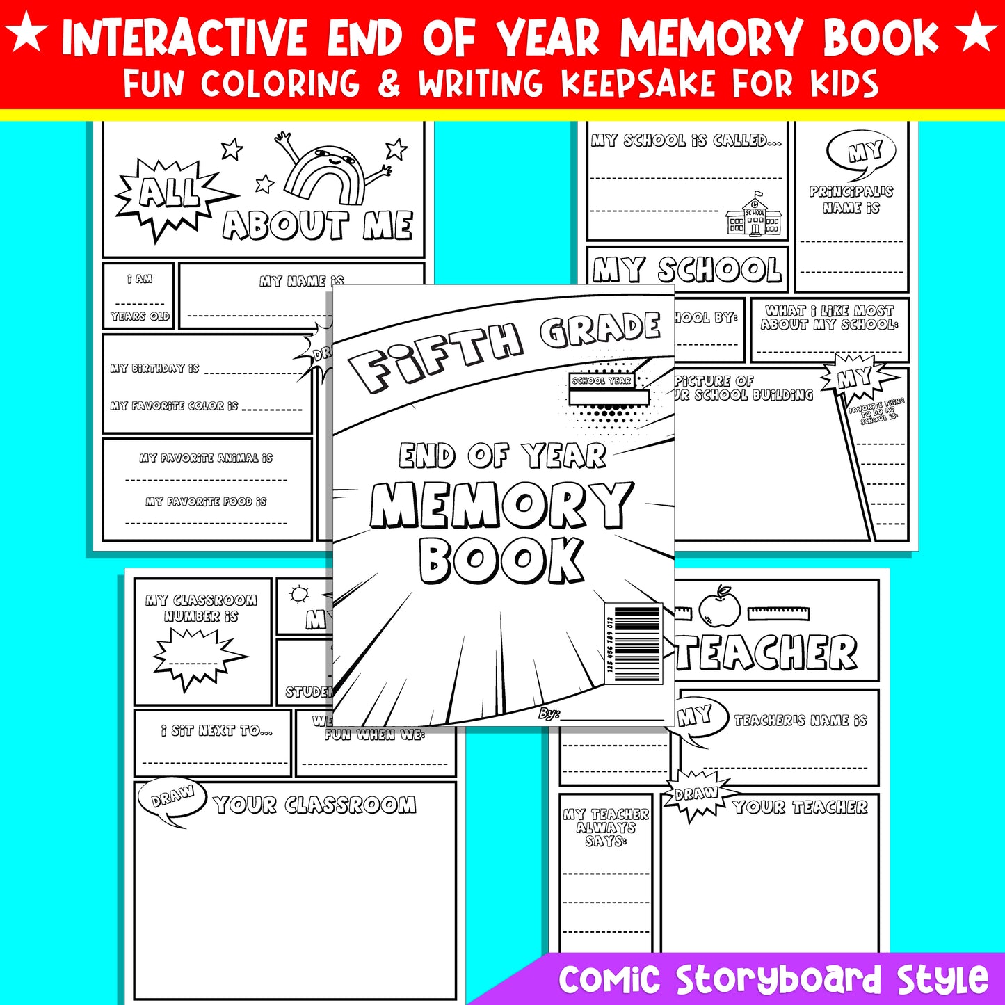 Fifth Grade (5th Grade) End of Year Memory Book, Fun Comic-Style Writing & Drawing Keepsake, 24 Pages to Print, Instant PDF Download