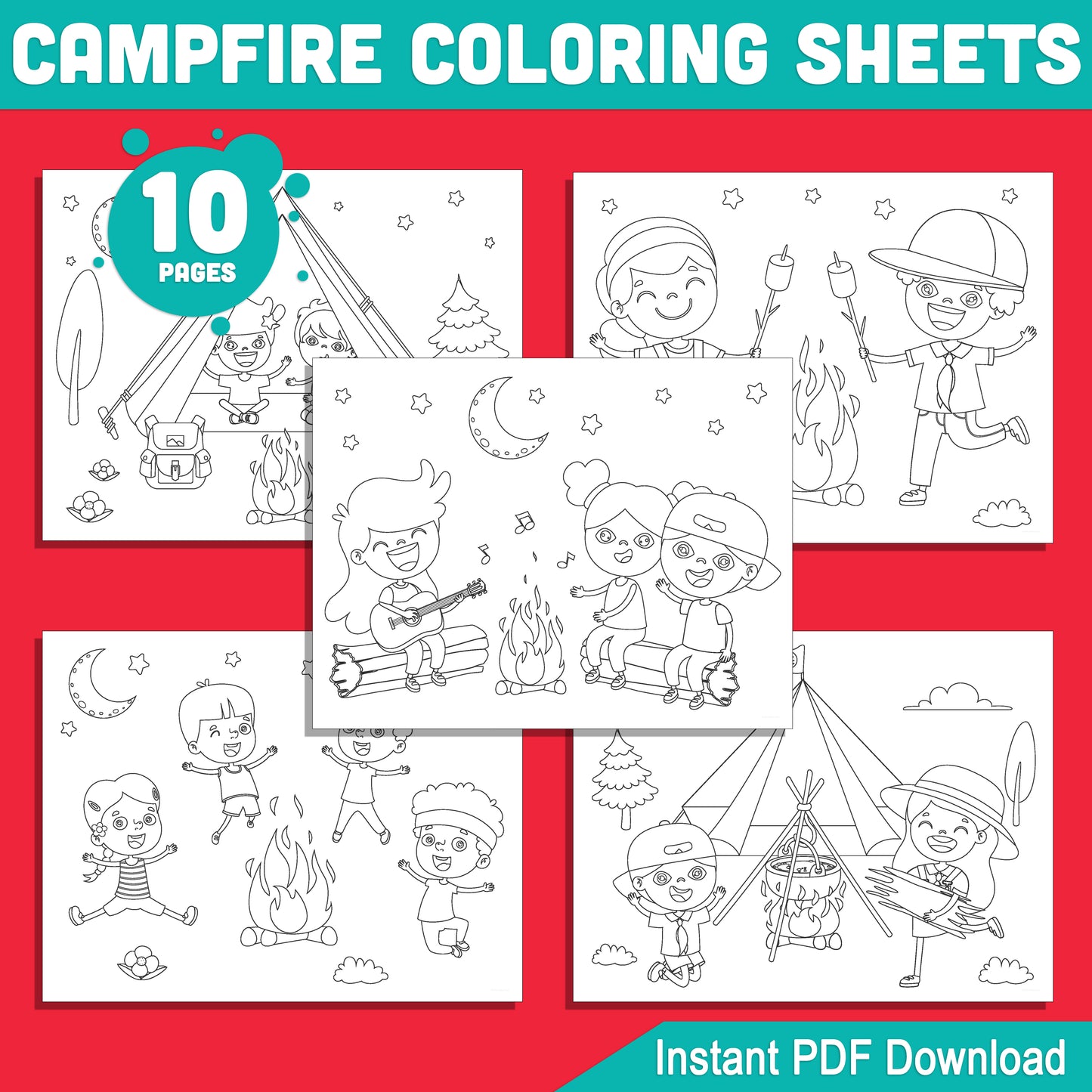 Campfire Coloring Sheets for Kids: 10 Printable Activities with Forest Scenes, Marshmallows, and Cozy Campfire Fun – Instant Download