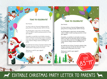 Editable Christmas Party Letter to Parents and Invitations - 2 Designs, 2 Sizes (8.5"x11" and 5"x7") - PDF Instant Download