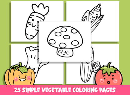 25 Cute Simple Vegetable Coloring Pages, Large Size, Thick Border, Perfect for Preschool & Kindergarten, PDF File, Instant Download