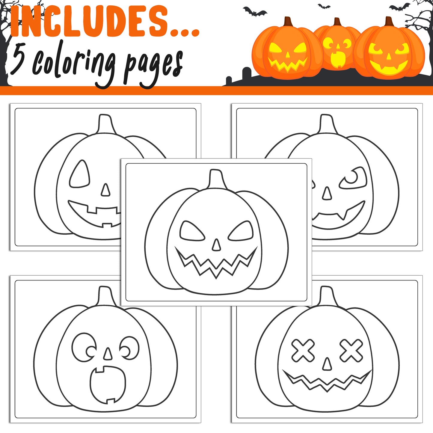 How to Draw a Halloween Pumpkin Easy for Kids, Directed Drawing Step by Step Tutorial, Includes 5 Coloring Pages, PDF File, Instant Download