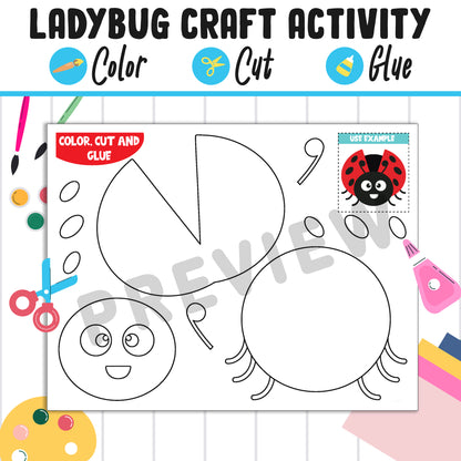 Ladybug Paper Craft Activity - Color, Cut, and Glue for PreK to 2nd Grade, PDF File, Instant Download