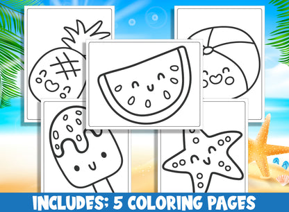 How to Draw Summer Elements (Watermelon, Ice Cream Popsicle, Starfish, Pineapple, Beach Ball), Directed Drawing Step by Step+Coloring Pages