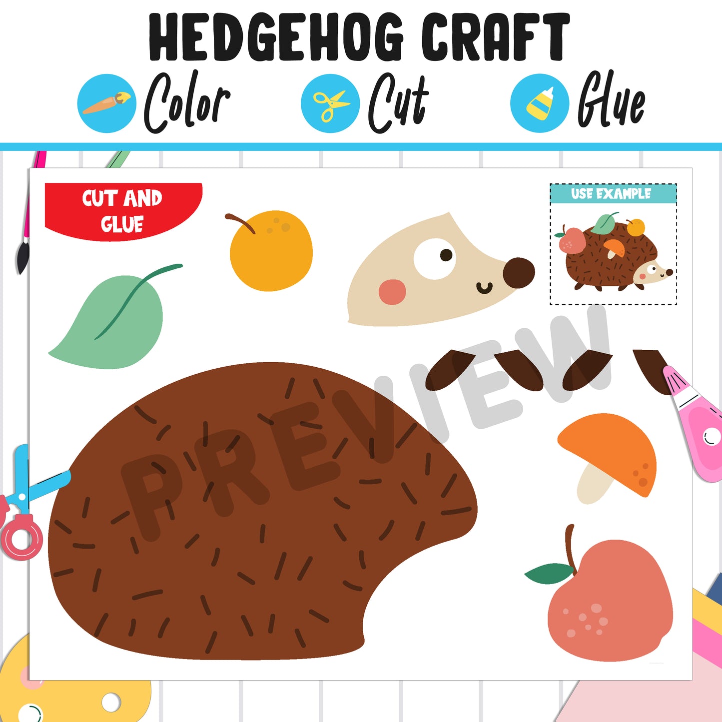 Hedgehog Craft Activity: Color, Cut, and Glue, Fun for PreK to 2nd Grade, PDF Instant Download