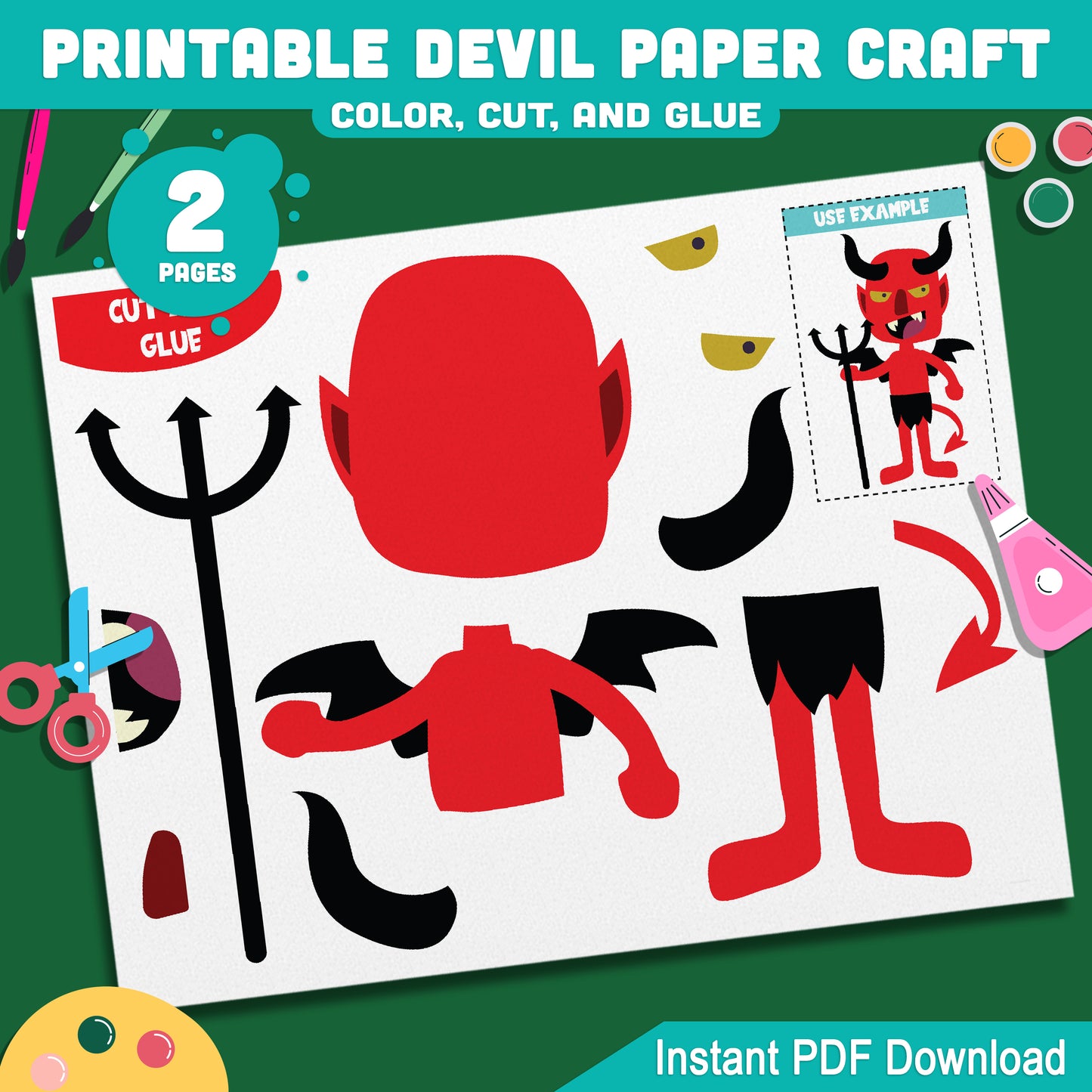 Printable Devil Paper Craft for Kids, Easy Halloween Cut and Glue Project, Preschool, Pre-K, Kindergarten, Fall Classroom Craft, 2 Pages PDF