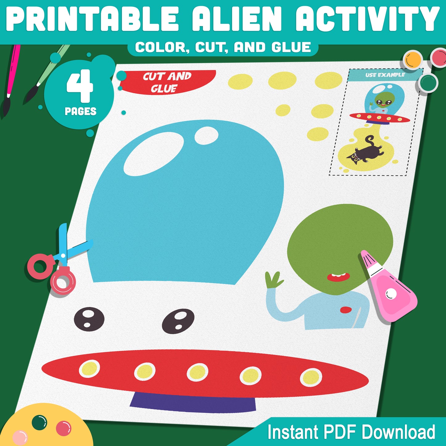 Printable Alien Activity: Fun Cut and Glue Space Craft for Kids, Includes Aliens & Spaceships, 4 Pages, PDF Instant Download