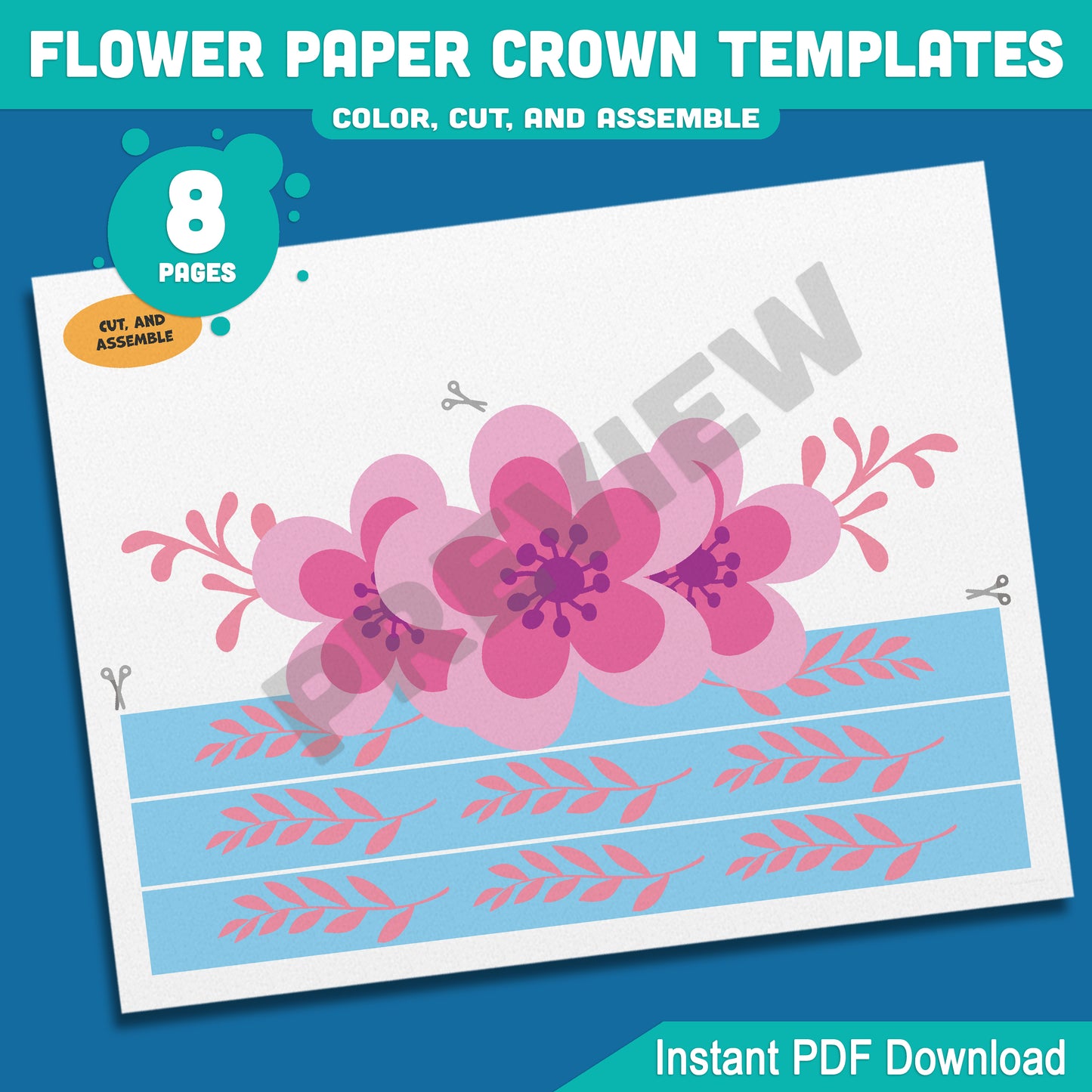 Spring Flower Paper Crown Templates: 4 Cute Hat Designs for Kids in Color and Black & White, Fun Printable Headbands, 8 Pages PDF