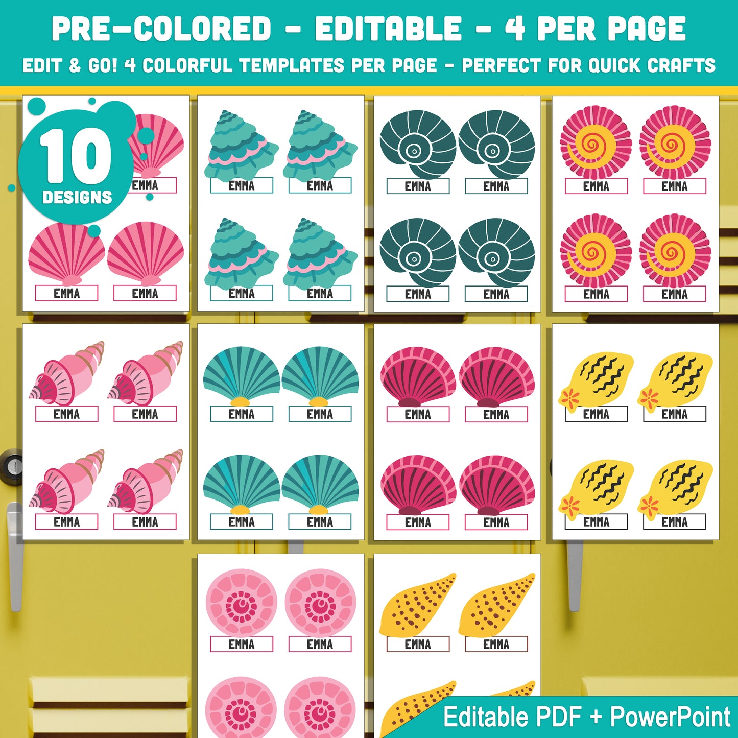 Editable Locker Labels (Cubby Name Tags), Sea Shell Themed, 8.5x11", 4 Per Page, PDF + PowerPoint, Instant Download, 40 Pages